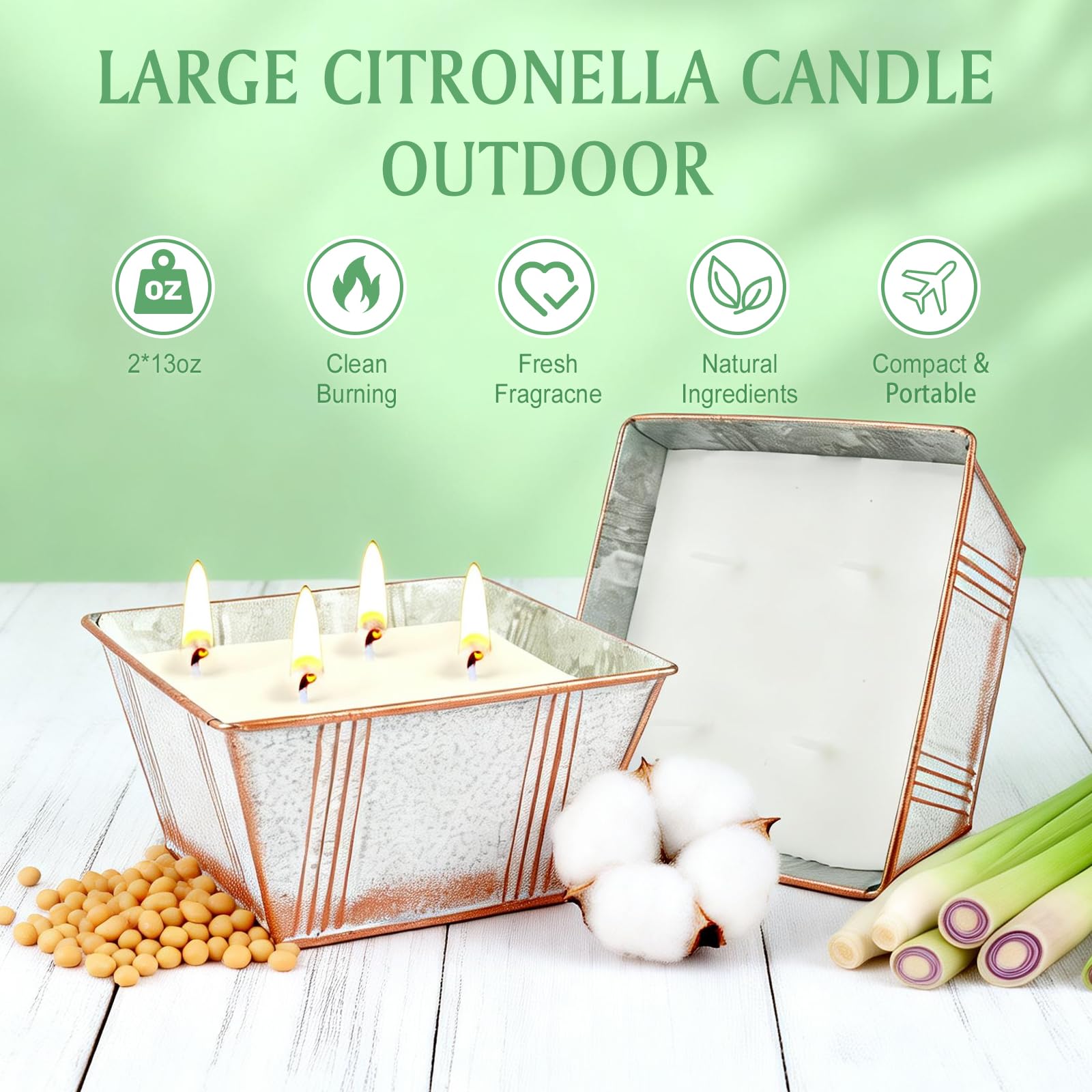 Lot de 2 grandes bougies à la citronnelle pour extérieur, 2 x 368,5 g (13 oz), bougies à la citronnelle 200 h, sans fumée, cire de soja naturelle parfumée, pour jardin, extérieur, intérieur, camping