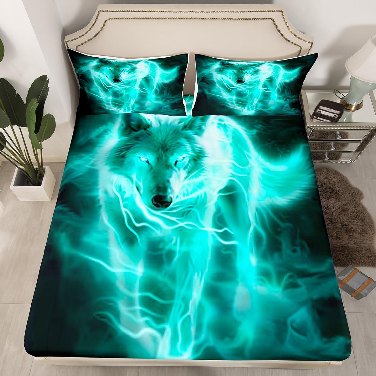 Feelyou Wolf Fitted Sheet Twin Size Kids Lightning Bedding Set for Boys Girls Teens Wildlife Bed Sheet Set Teal Bed Cover Room Decor Bed Set