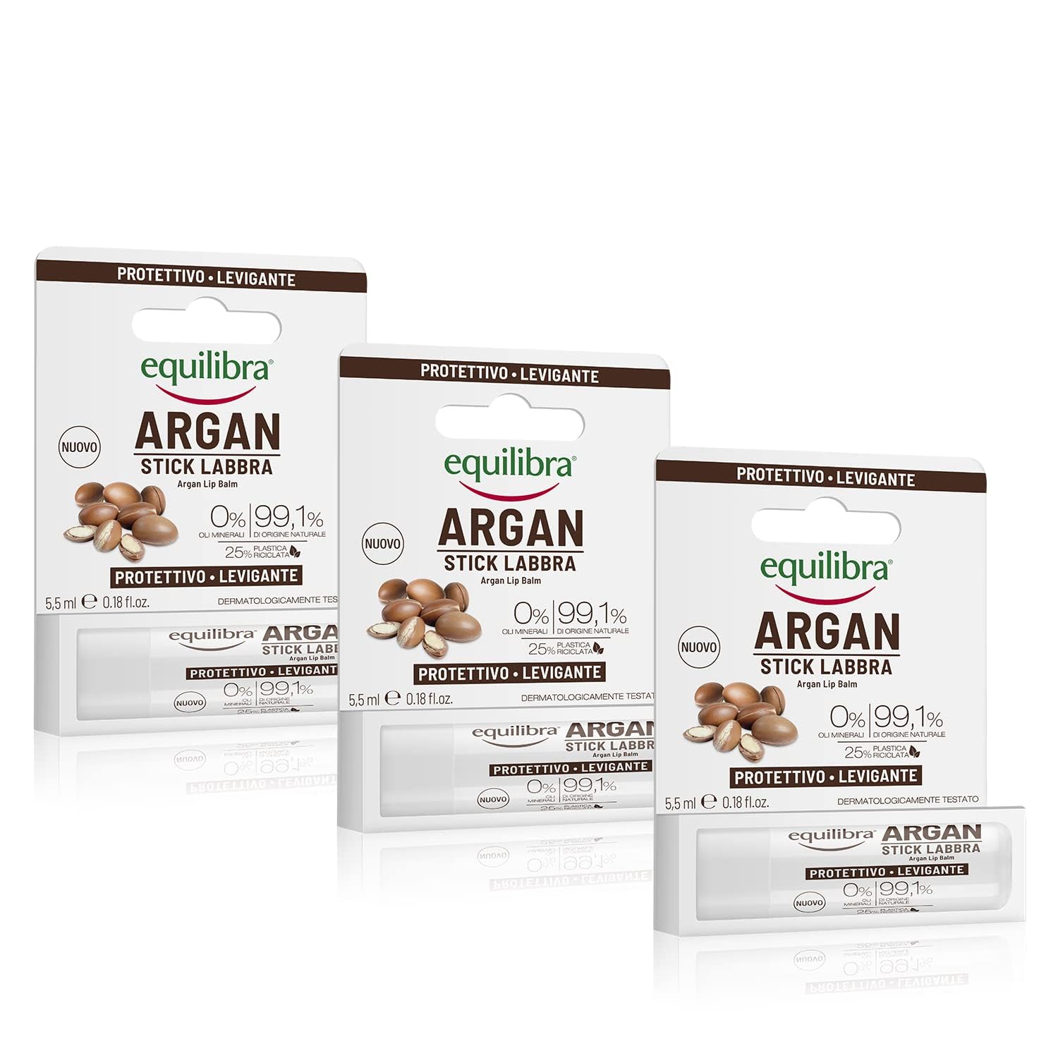 Equilibra Viso, Argan Stick Labbra, Balsamo Labbra ad Azione Protettiva per Labbra Morbide e Setose, con Olio di Argan Protettivo e Levigante, e Vitamina E Antiossidante, 3 Pezzi da 5,5 ml