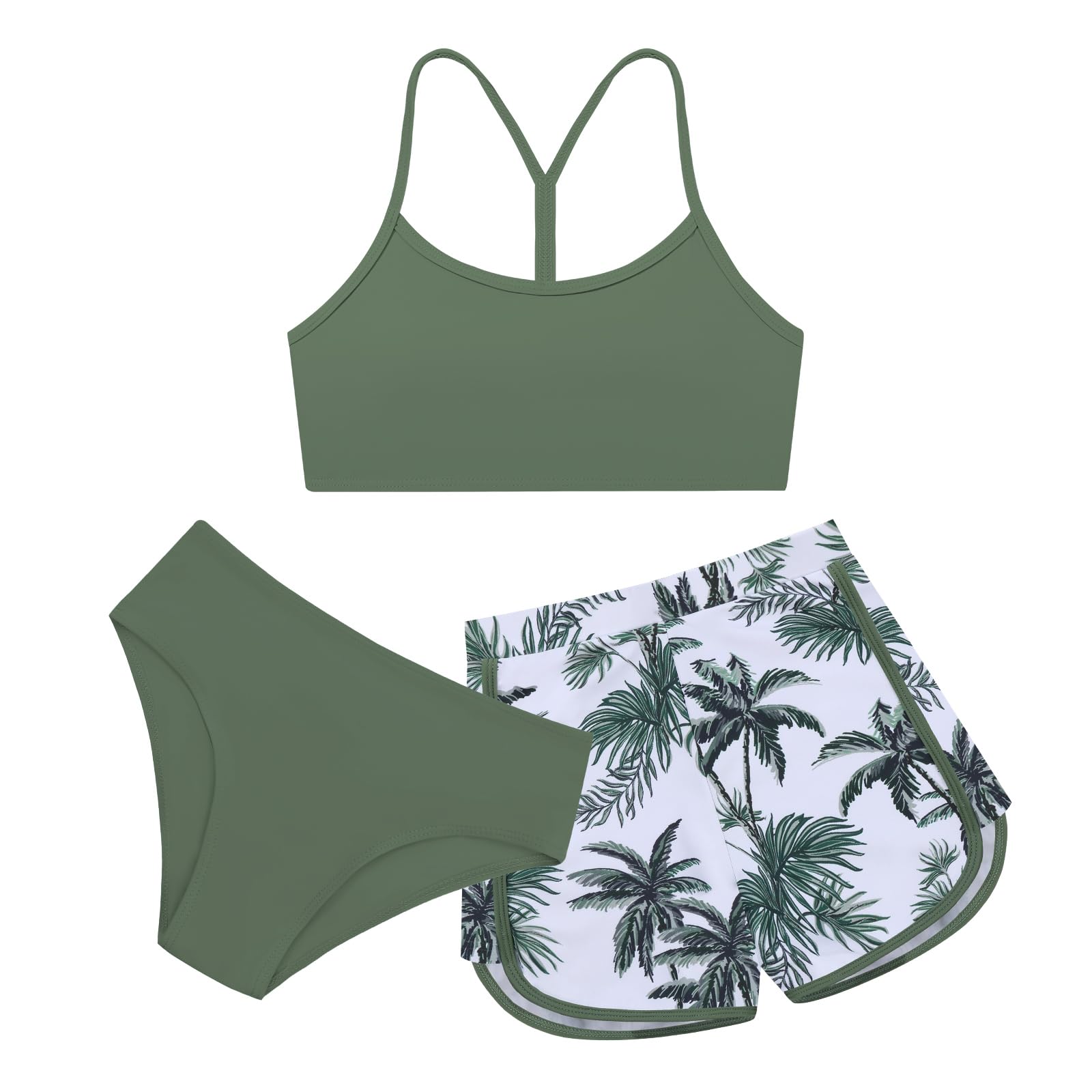 3-teiliger Mädchen-Badeanzug, einfarbig, Bikini-Set mit bedruckten Sport-Shorts, Bademode für 9–16 Jahre Teenager-Mädchen
