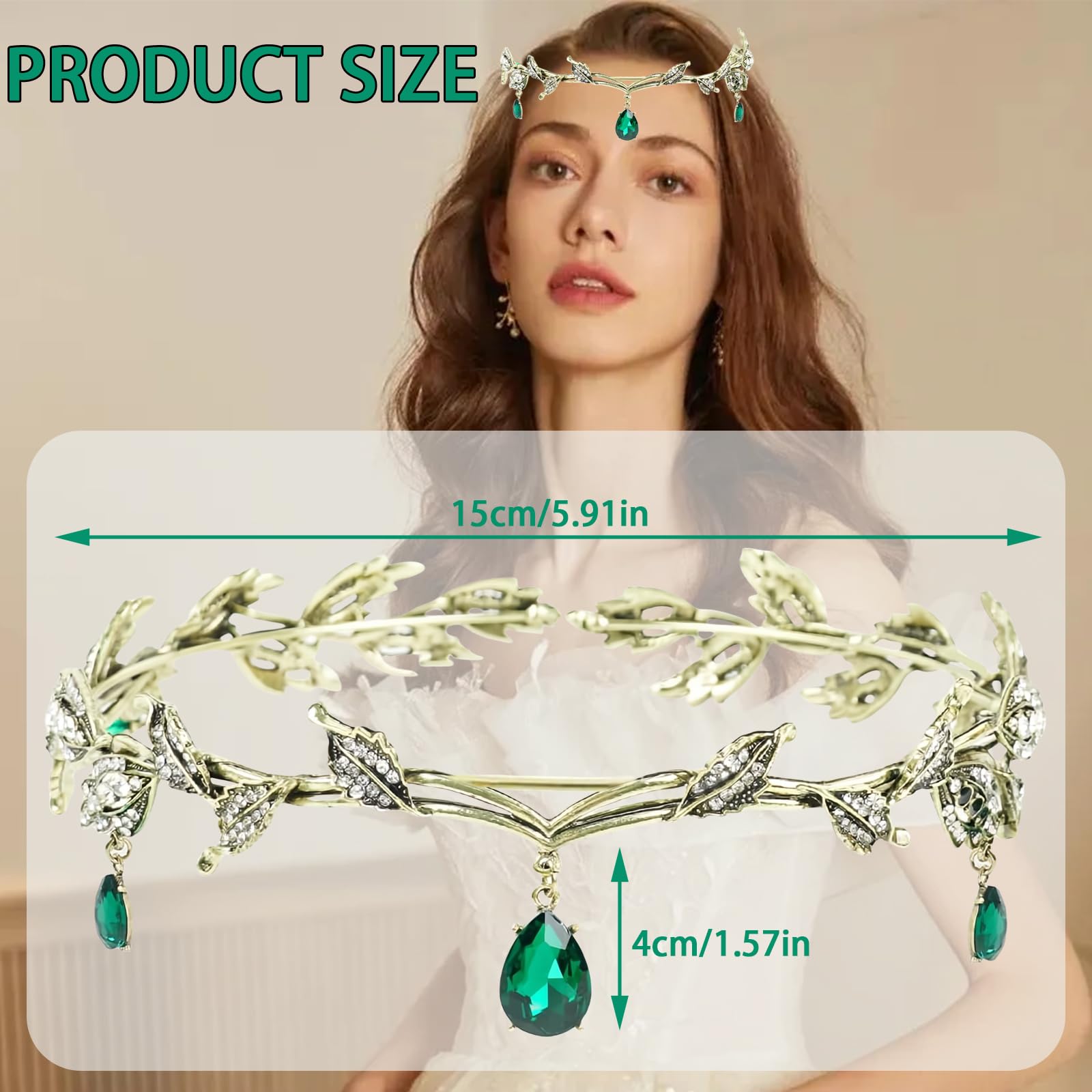 Diyxisk Elf Fantasy tiara, Retro Elf Renaissance Rhinestone and Leaves Fashion Crown, Bridal Queen - Image 2