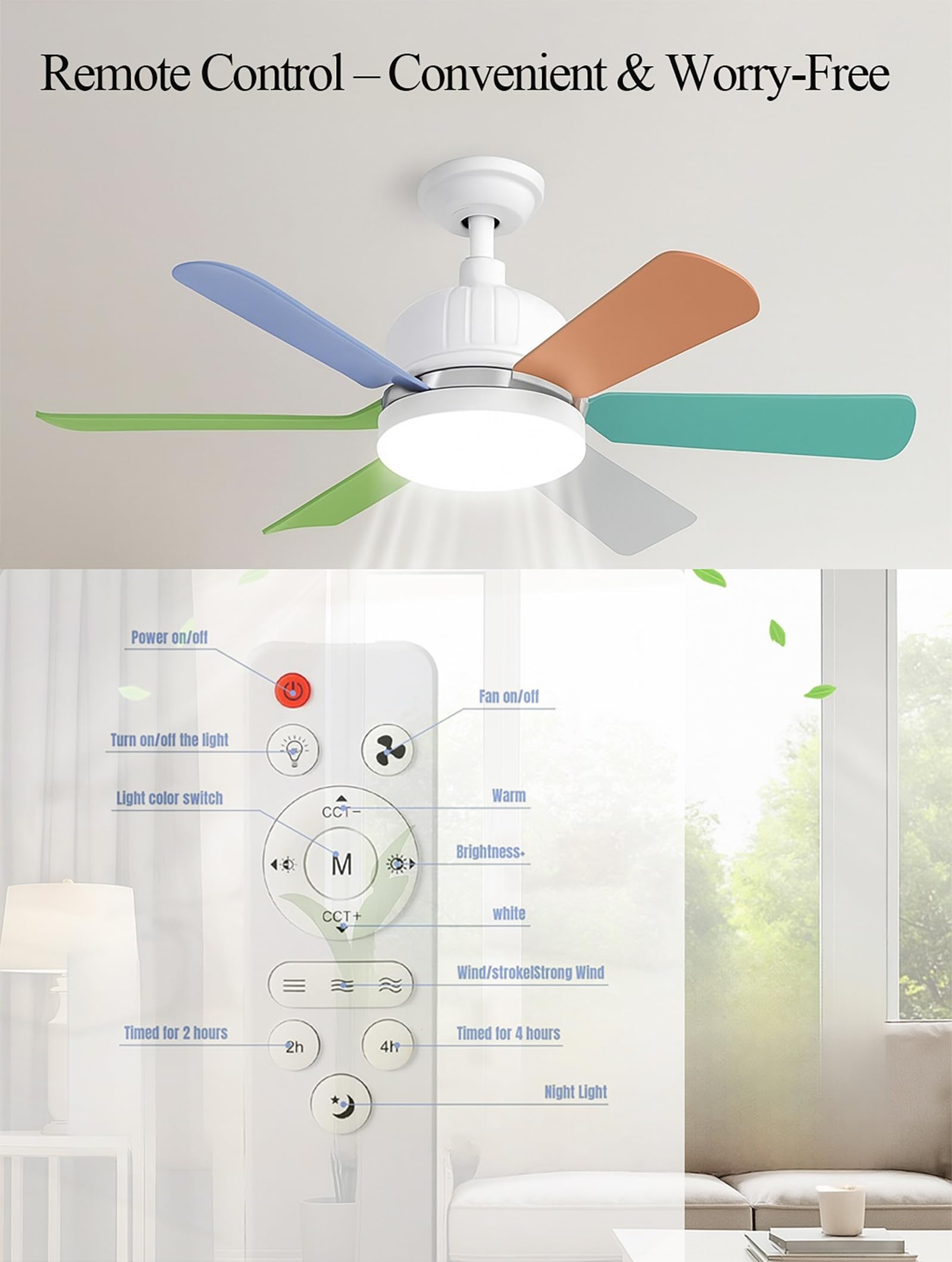 Wentylator sufitowy LED 46 cm z pilotem, gniazdo śrubowe E27, 3 prędkości wiatru, 3 tryby kolorów, funkcja timera, cichy silnik bezszczotkowy, 6-łopatkowy wentylator sufitowy do sypialni, salonu