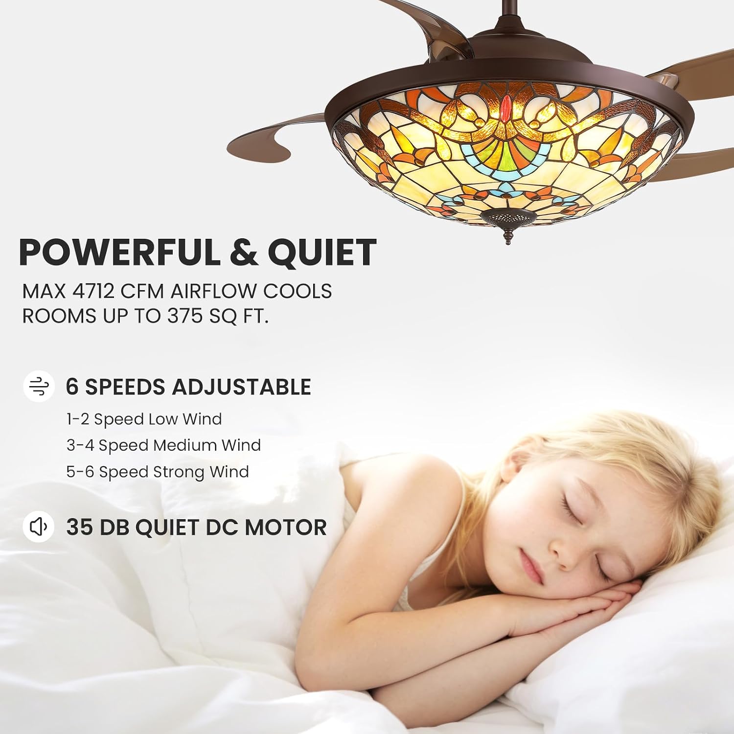 52inch Ceiling Fan Tiffany Style Stained Glass Retractable Ceiling Fans with Remote & Dimmable Light 6-Speed Reversible Motor for Bedroom Dining Room Living Room Kitchen