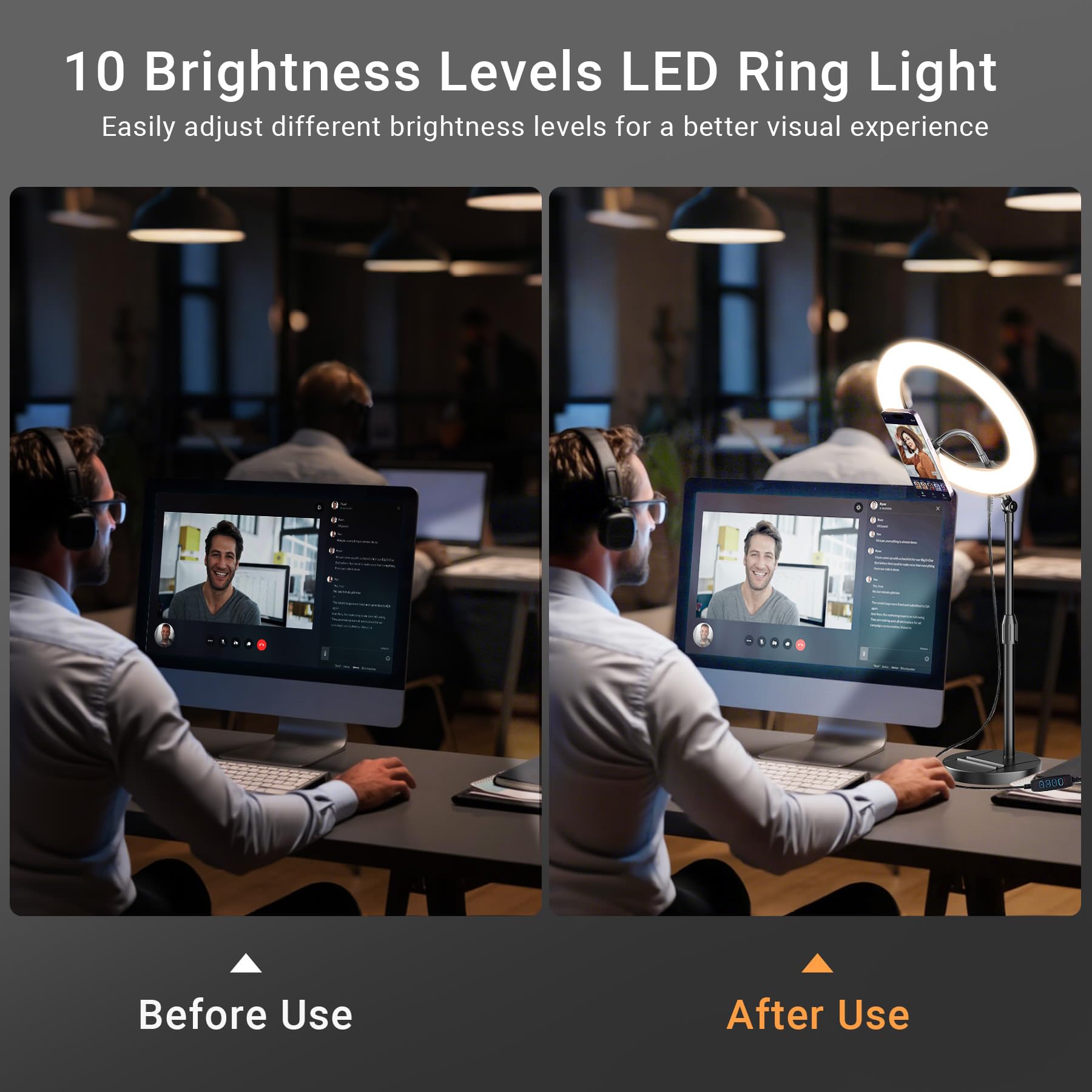 Luce ad anello da scrivania con supporto magnetico per telefono, kit di illuminazione per videoconferenze e podcast da 25,4 cm, per monitor del computer portatile, zoom e streaming di chiamate, luce