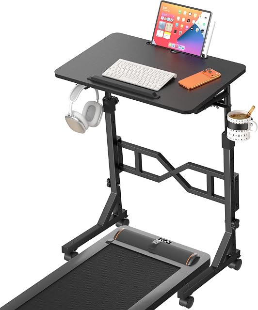 Small Standing Desk with Wheels, Adjustable Height Treadmill Desk for Laptop, Portable Standing Table for Walking Pad, Rolling Bedside Table