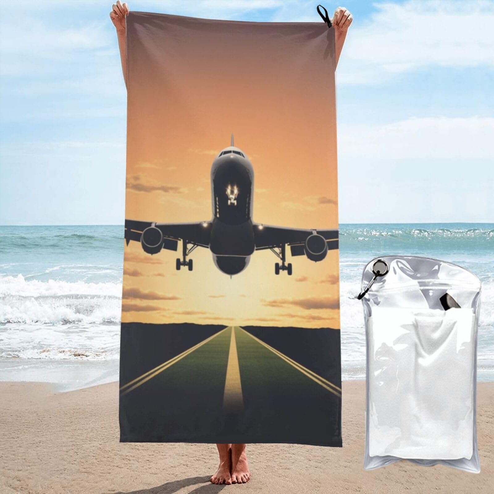 BWWHCCTI Airplane Printed Microfiber Quick Dry Beach Towel 80x160 CM, Fast Drying Bath Towels with Bags for Travel,Camping,Gym,Beach,Swimming,Yoga