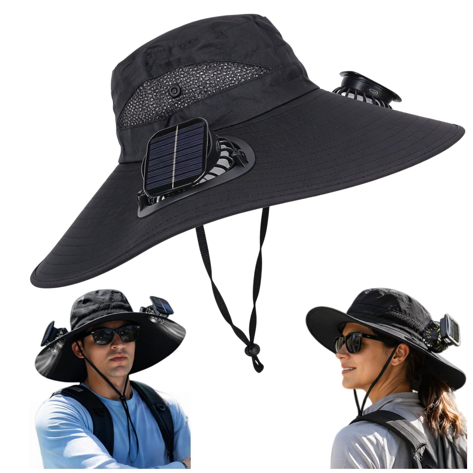 Solar Powered Fan Hat, Fan Wide Brim Sun Hat 2 Solar Cooling Bucket for Men Women Adjustable Sunhat for Hiking Fishing Camping Beach Home