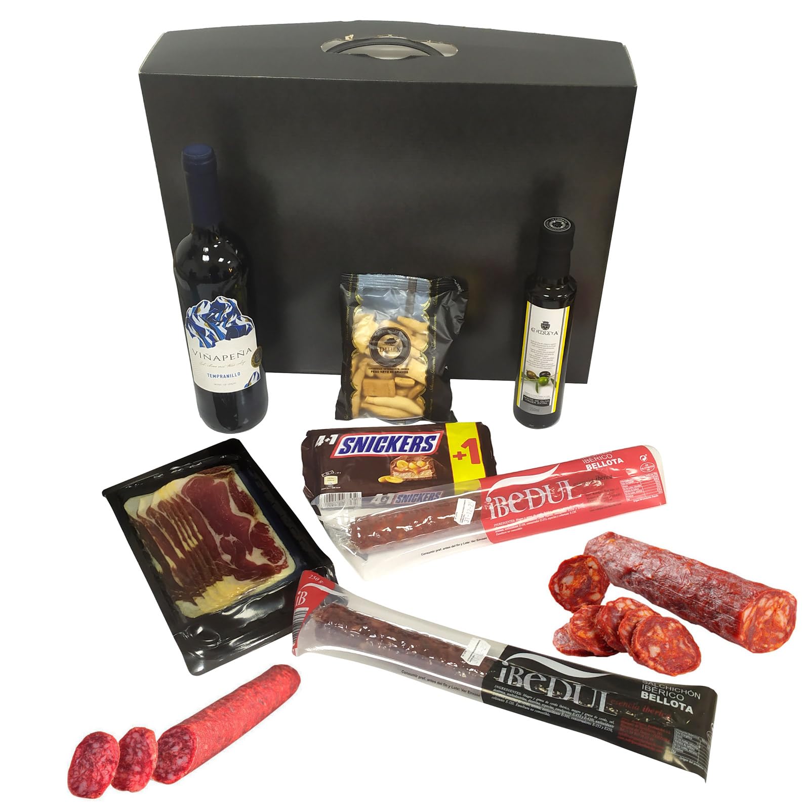 Deliex. Cesta gourmet para regalar con vino, aceite, paleta, ibéricos, chocolatinas snikers, lote delicatessen para regalar