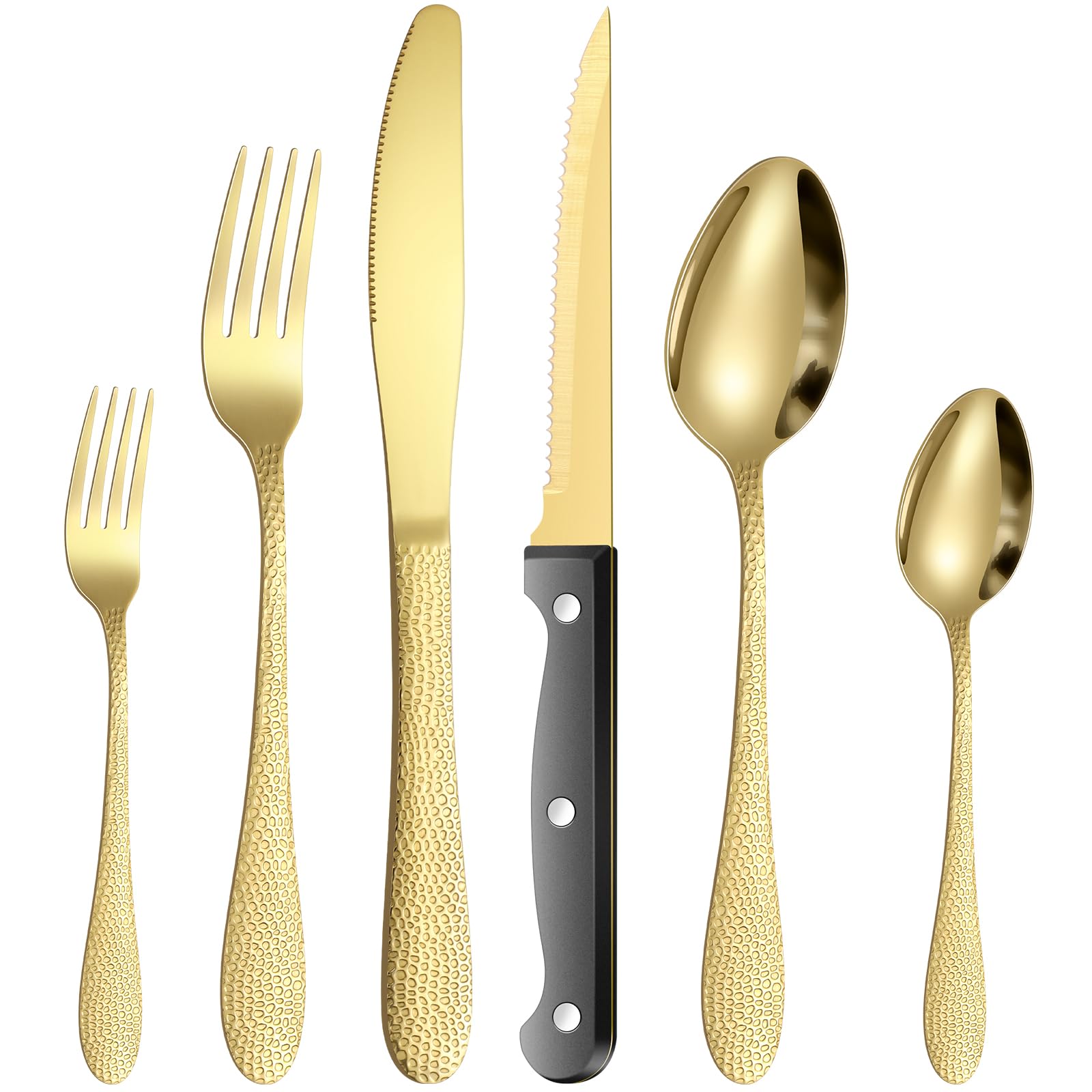 Premium 24-Piece Golden Stainless Steel Cutlery Set with Steak Knives (Hammered Gold)
