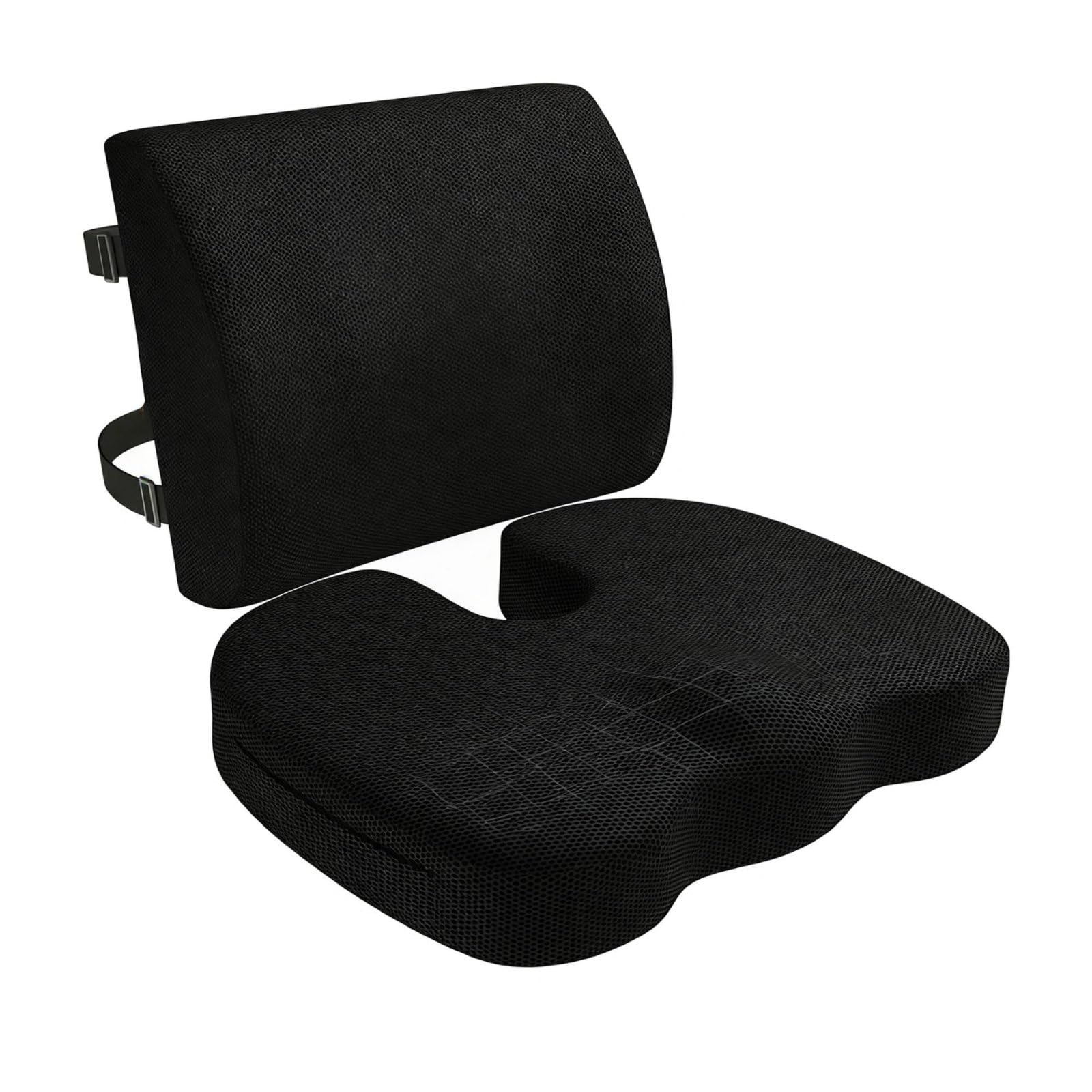 F Fityle Cojín Ergonómico Asiento con Cojín Lumbar Cojín Almohada Lumbar Cojín Asiento Espuma Viscoelástica Moldeable Tejido de Malla Apto para Trabajo de, Negro, Set Malla