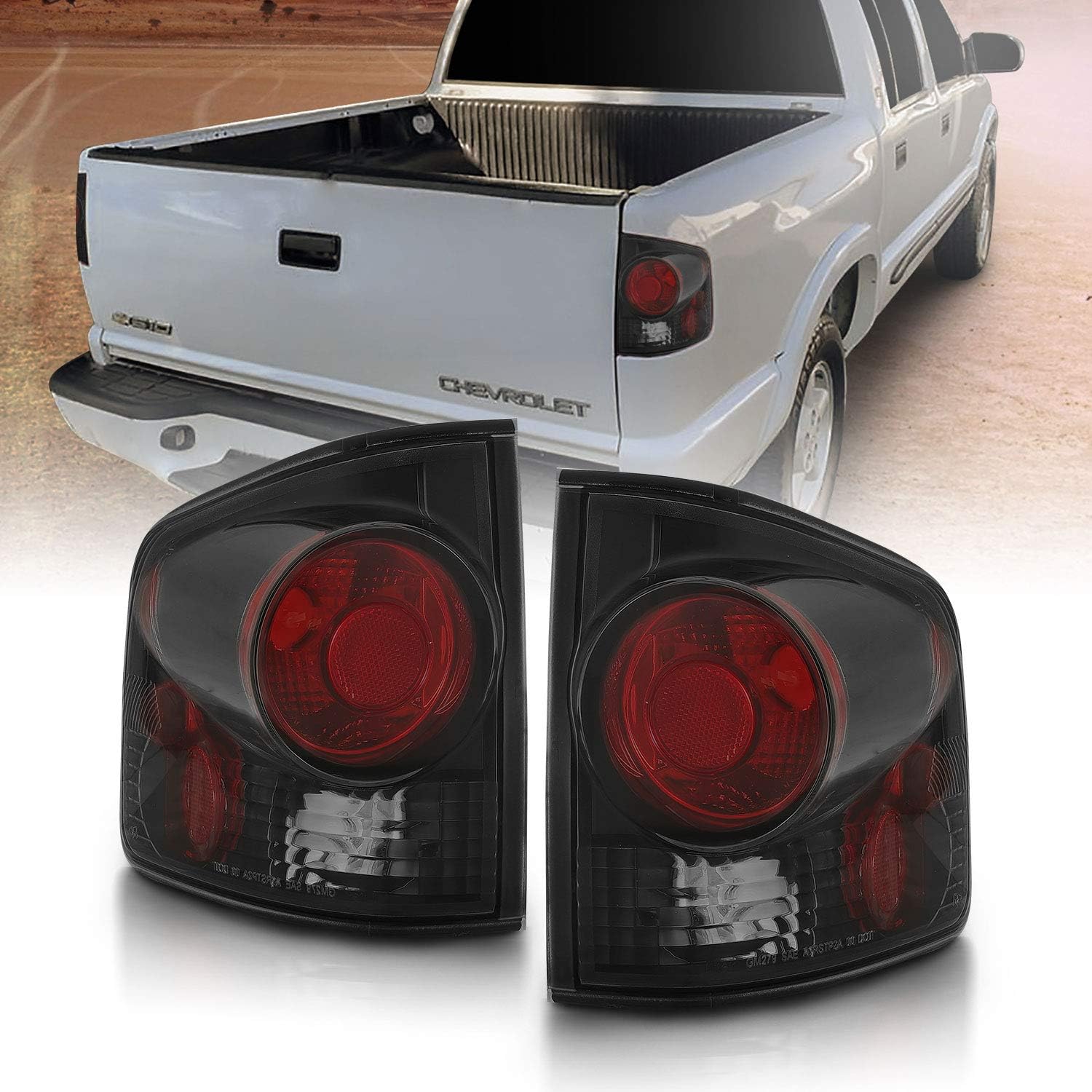 AmeriLite for 94-04 Chevy S-10 / GMC Sonoma Black Replacement Brake Lamp Tail Lights Assembly Set - Passenger and Driver Side