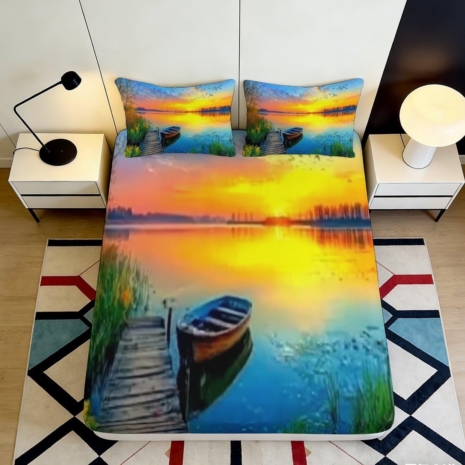3D Printed Sunset Lake Fitted Sheet Microfiber Soft Bed Cover Scenic Boat Pattern for Bedroom Dorm Decoration 90x200x25cm