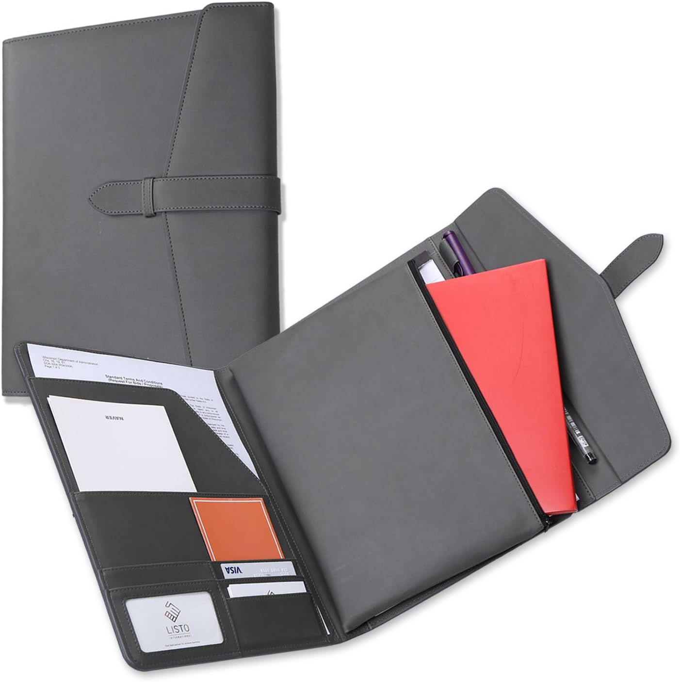 Trifold Portfolio with Secret Zipper Pouch for Tablet PC or iPad or Kindle, Document Organizer Including Letter Sized Writing Pad, Padfolio with Neat Strap Closure Classic Design Gray Color