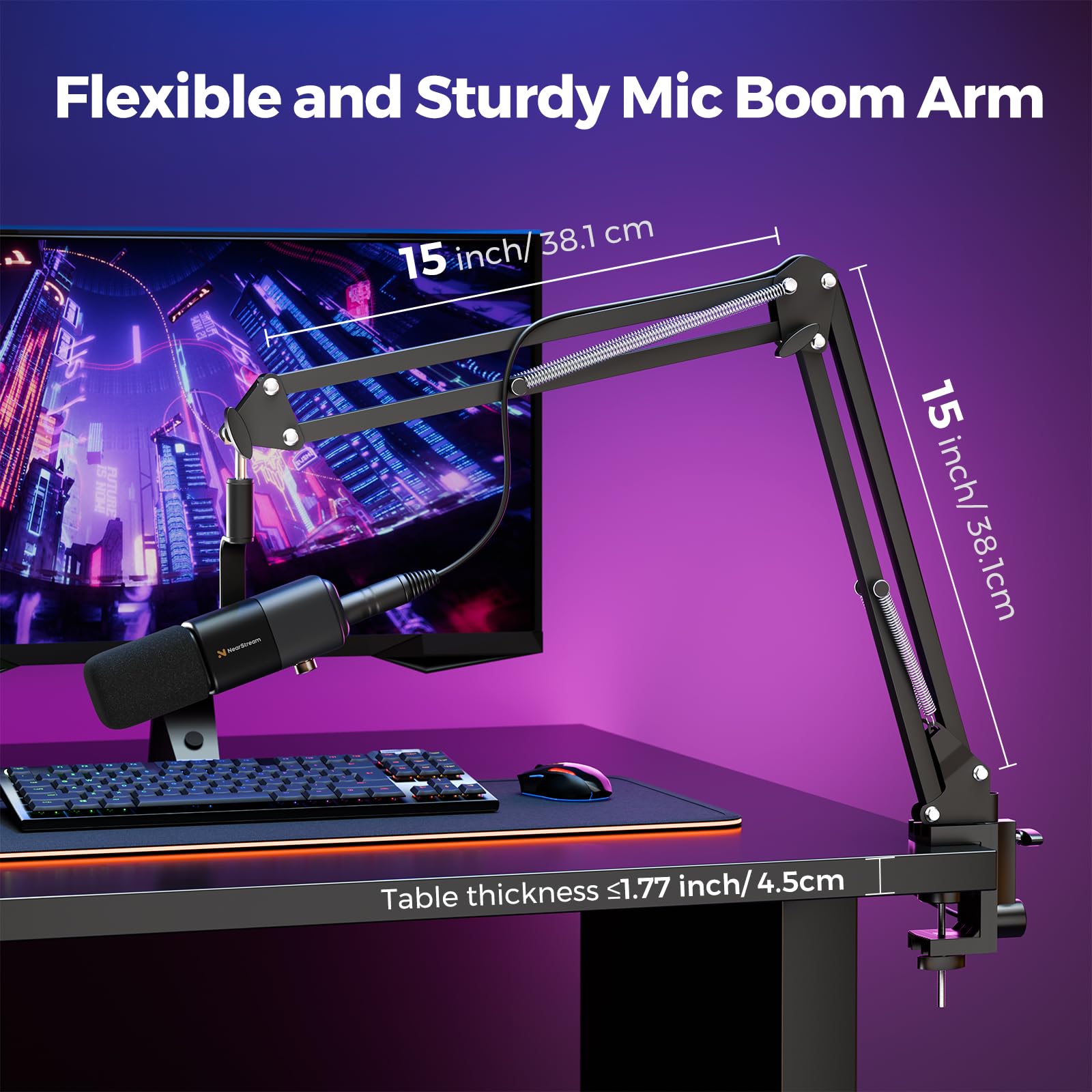 NearStream AM20X - Micrófono condensador USB/XLR con brazo de brazo, micrófono de podcast con cancelación de ruido/control de ganancia/monitor de sonido/botón de silencio, micrófono de escritorio para