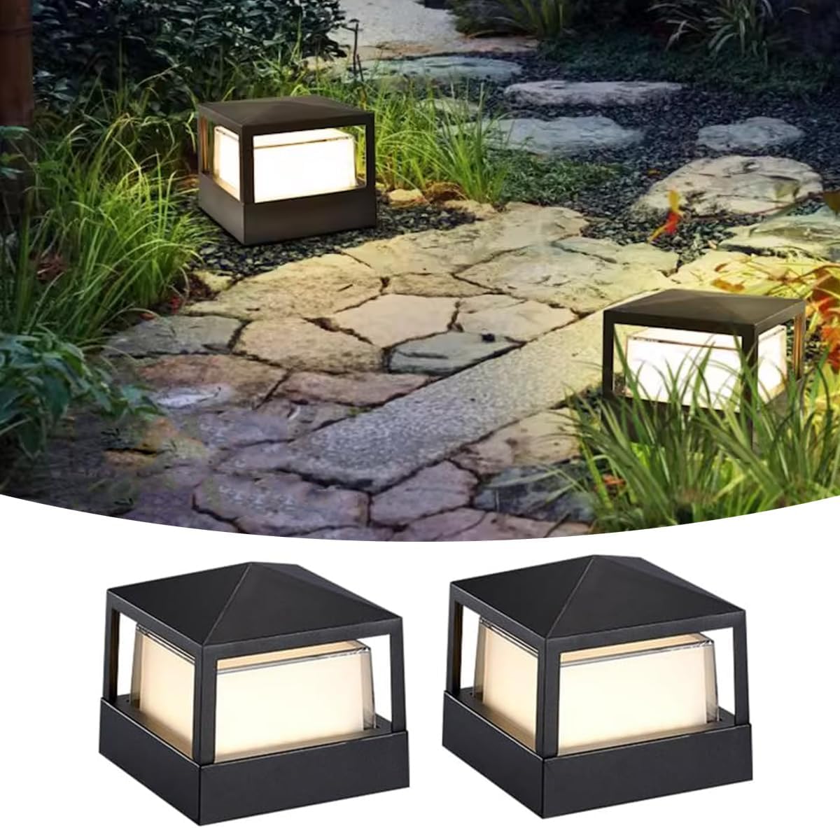 2 Pack Outdoor Post Cap Light Fence Deck Driveway Column Cap Lamp Landscape Lighting Energy Saving Rustproof Pillar Lights Square Fence Guardrail Doorway Porch Pillar Lamp