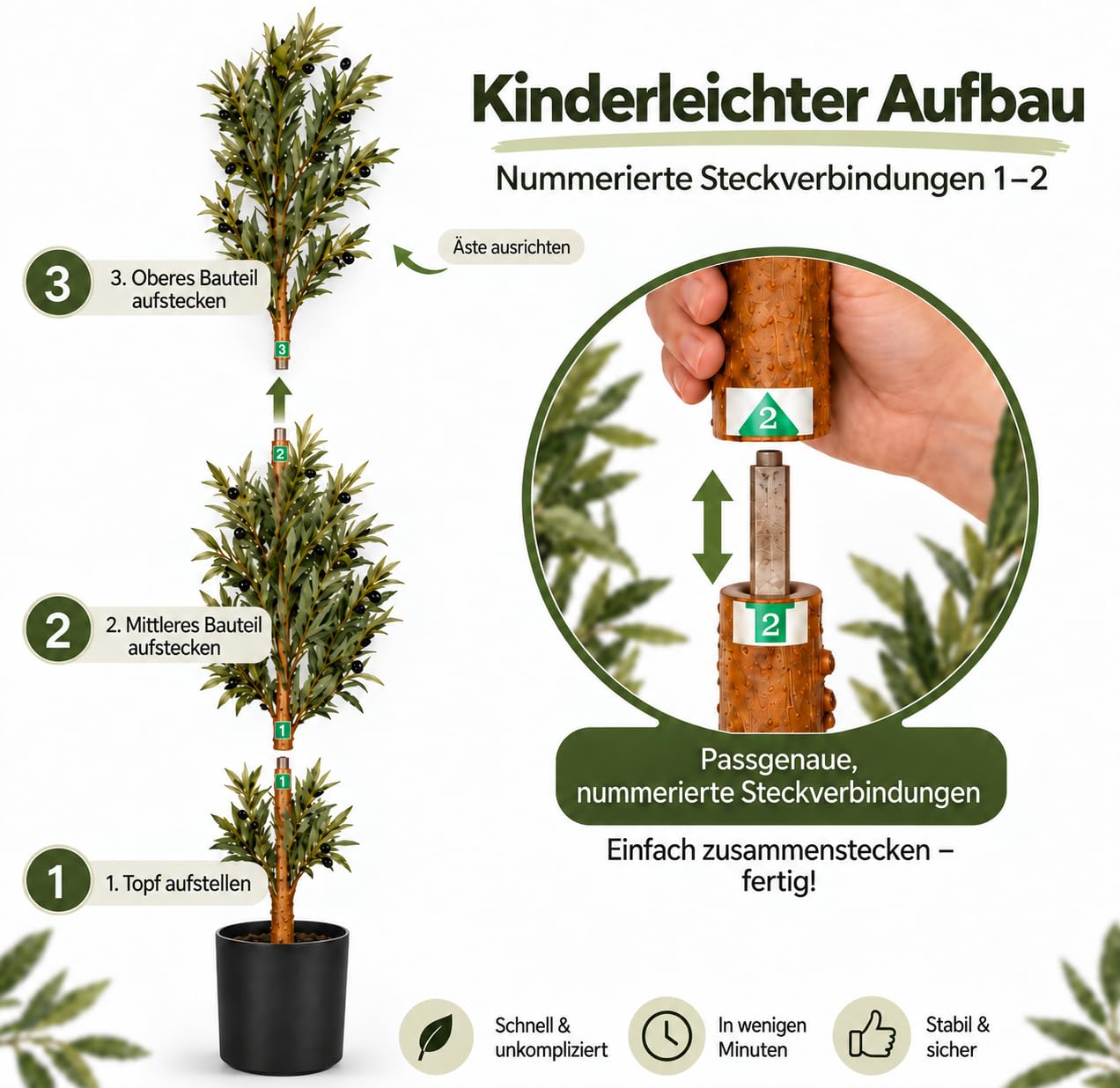 Olivenbaum künstlich 150 cm, Deko Kunstpflanze in stabilem Topf