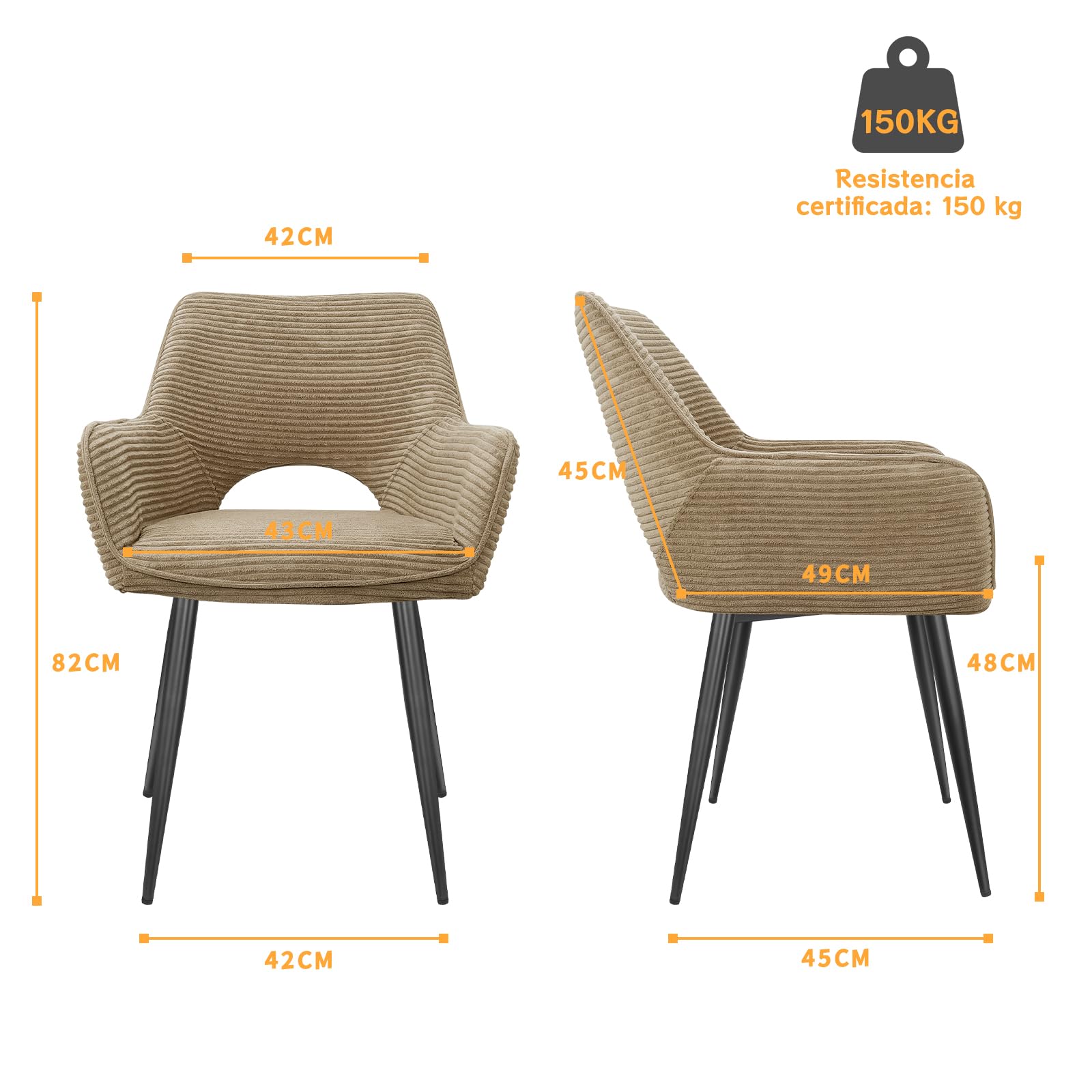 WAFTING Sillas de Cocina,Sillas Comedor Pack 6,Kaki | Patas Metálicas, con reposabrazos, Sillas Tocador,Sillas Salon,Son Sillas de Comedor Modernas, Sillón de Terciopelo