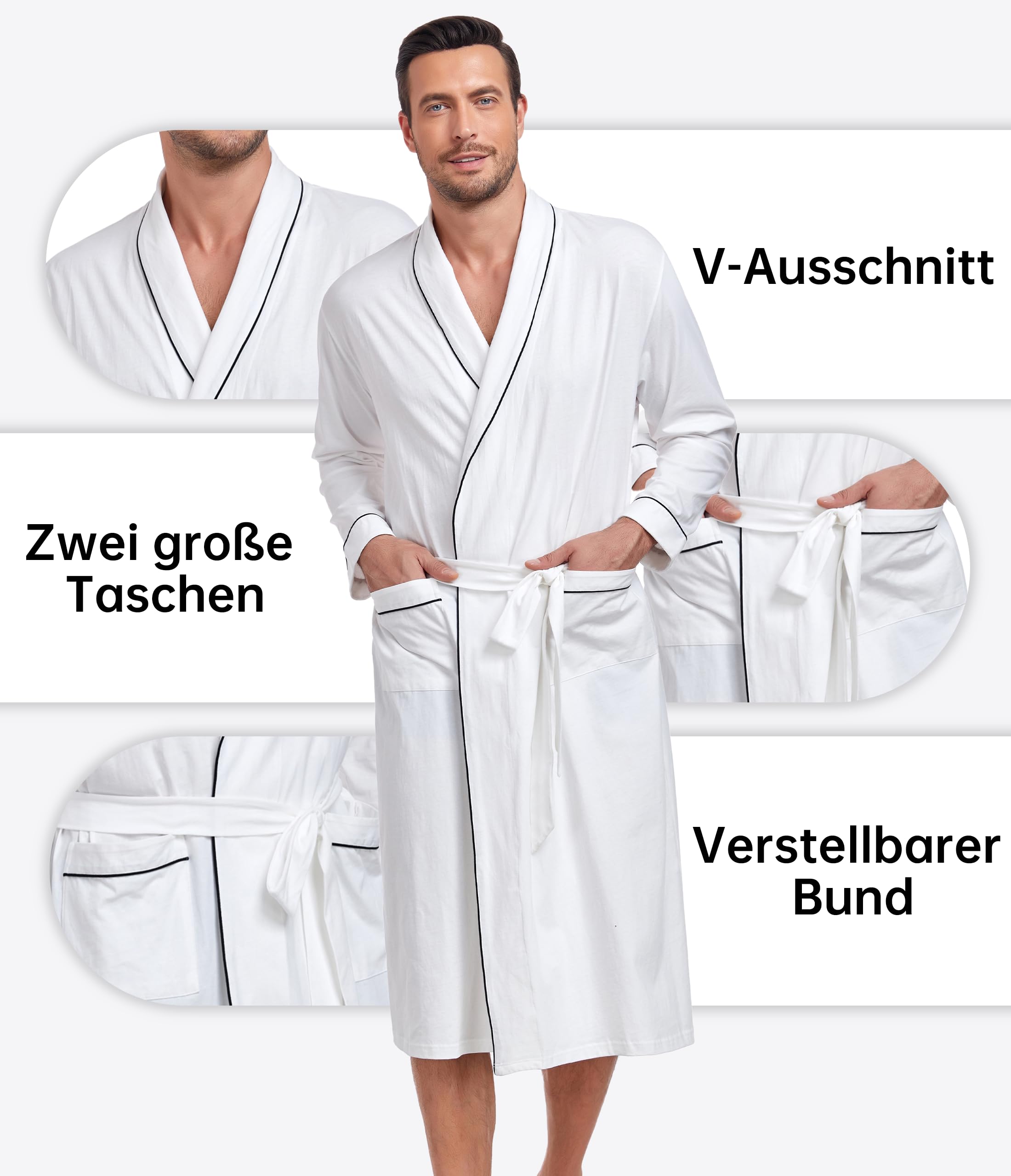COLORFULLEAF Bademantel Herren Leicht 100% Baumwolle Morgenmantel Männern Reisebademantel Saunamantel mit Tasche