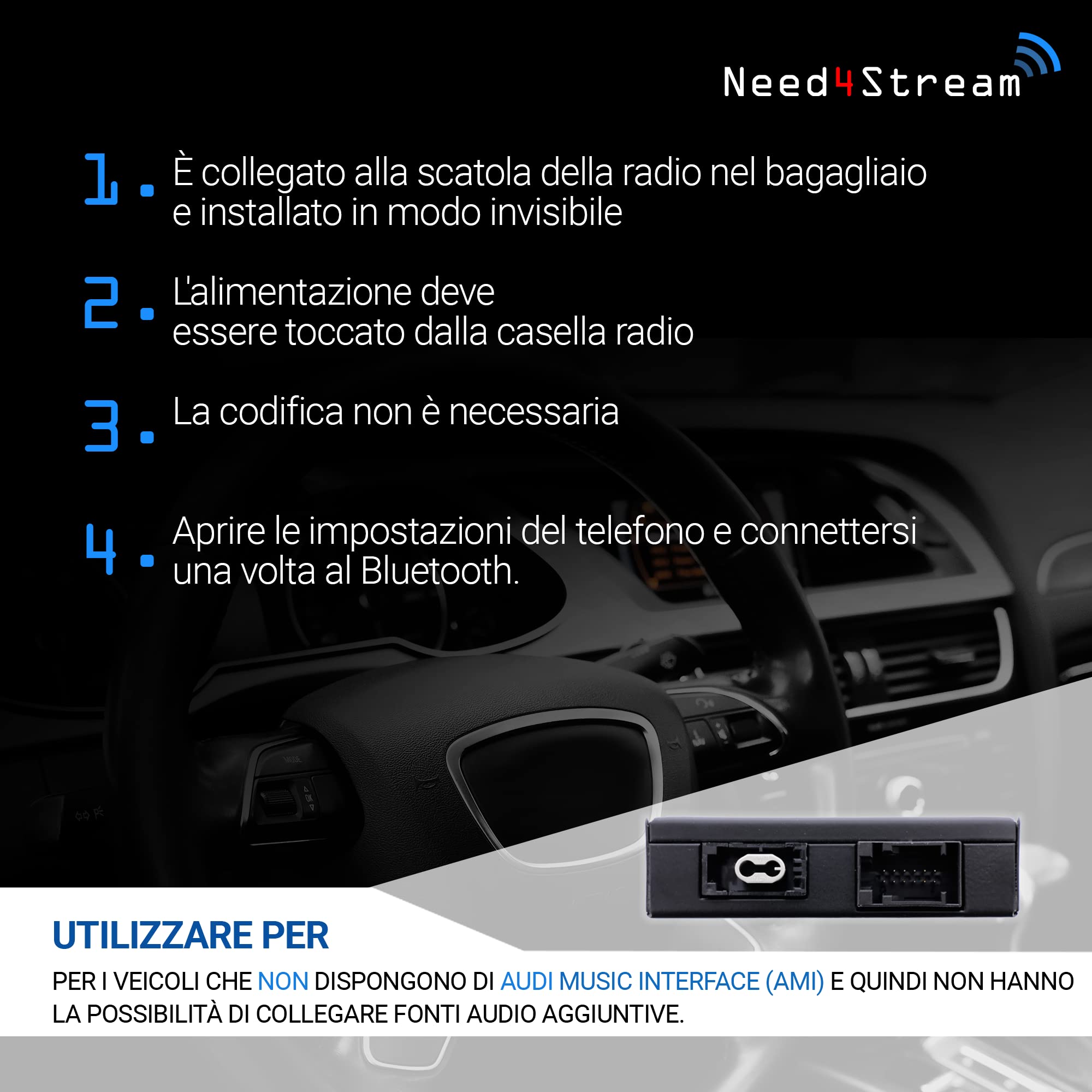 Interfaccia audio Bluetooth con display titolo, N4S73615 A2DP, compatibile con Audi MMI 3G, A4 8K, A5 8T, A6 4F, Q5 8R, Q7 4L, compatibile con iPhone, Android e servizi di streaming