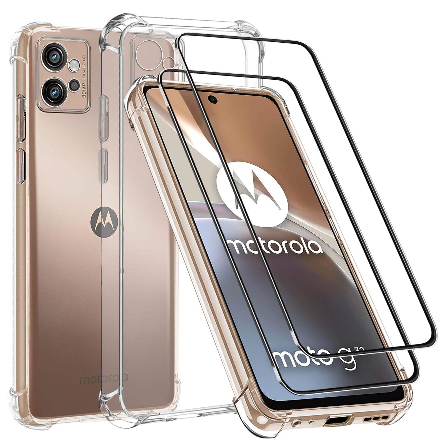 MZBESTCable For Moto Motorola G32 Case and Screen Protector,G32 6.5”Clear Phone Case+2 *Tempered Glass,Anti Scratch,Easy to install Film,Soft TPU Protective Cover,Shock-Absorbing Corners
