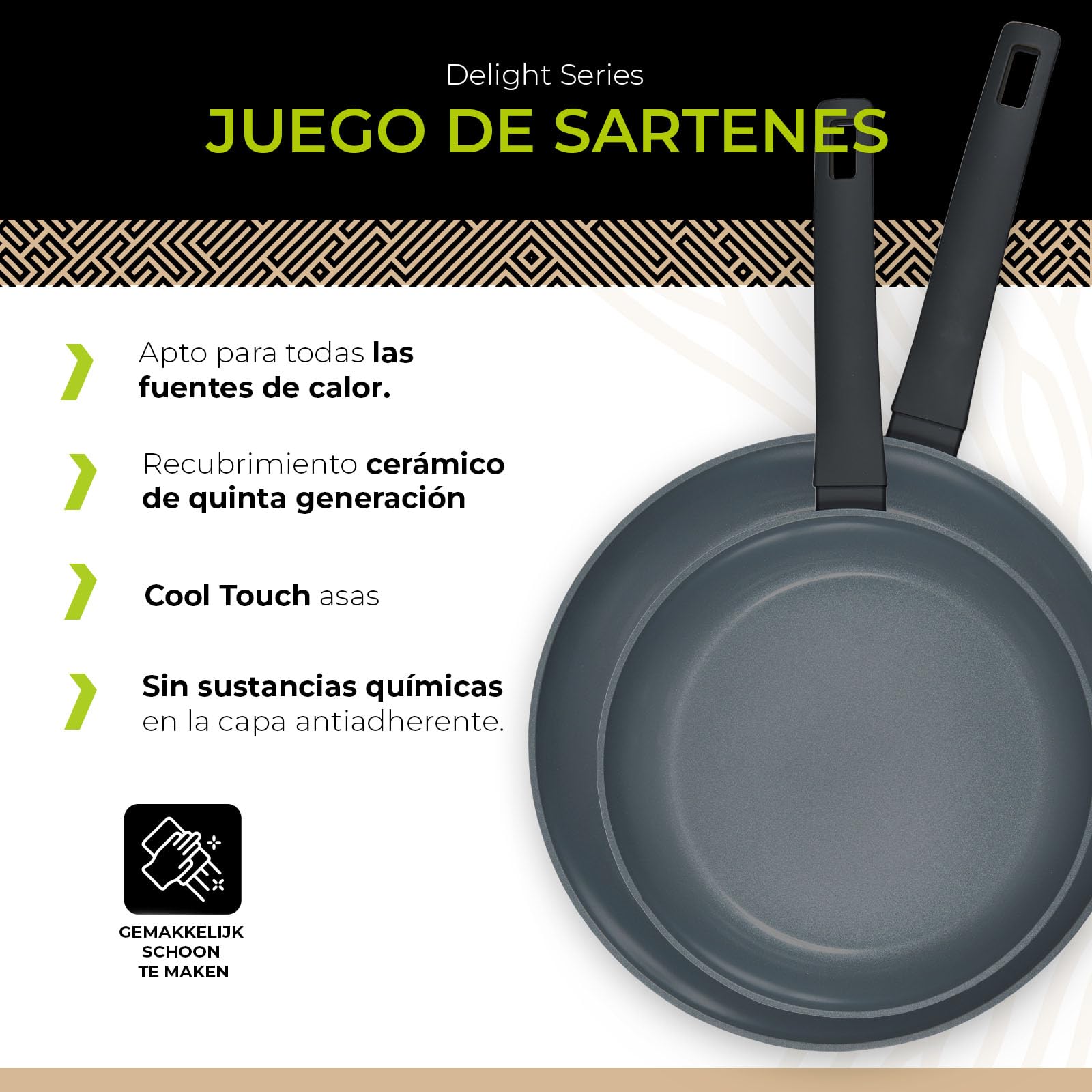 BE Living Delight Juego de sartenes 2 piezas – Sartenes de 24 y 28 cm – Revestimiento antiadherente cerámico – Apto para inducción – Sin PTFE ni PFOA – Negro