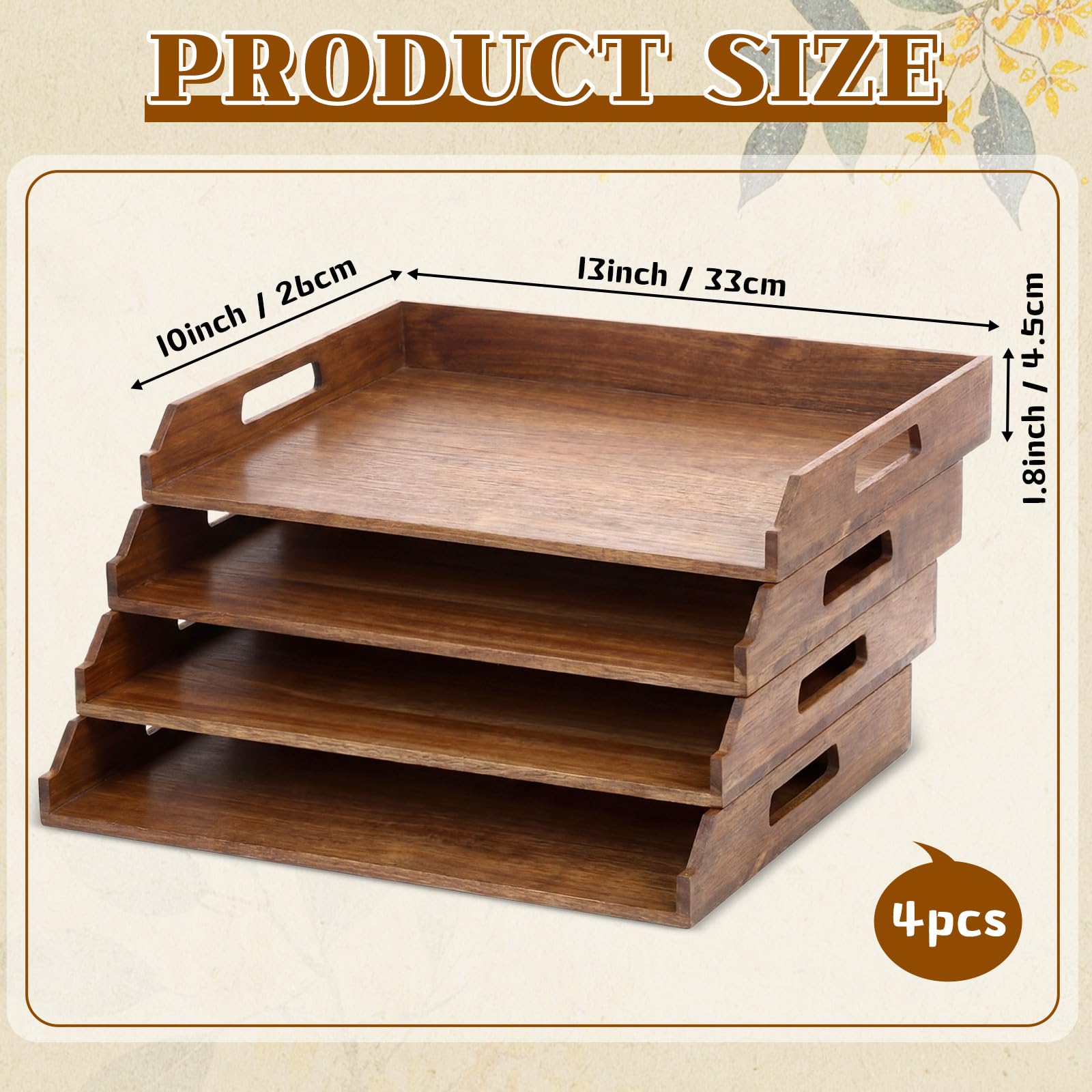 AceOrbit 4 bandejas de papel apilables de madera de bambú, organizador de escritorio, bandeja de cartas, organizador de archivos de madera de 4 niveles, estante de escritorio para documentos