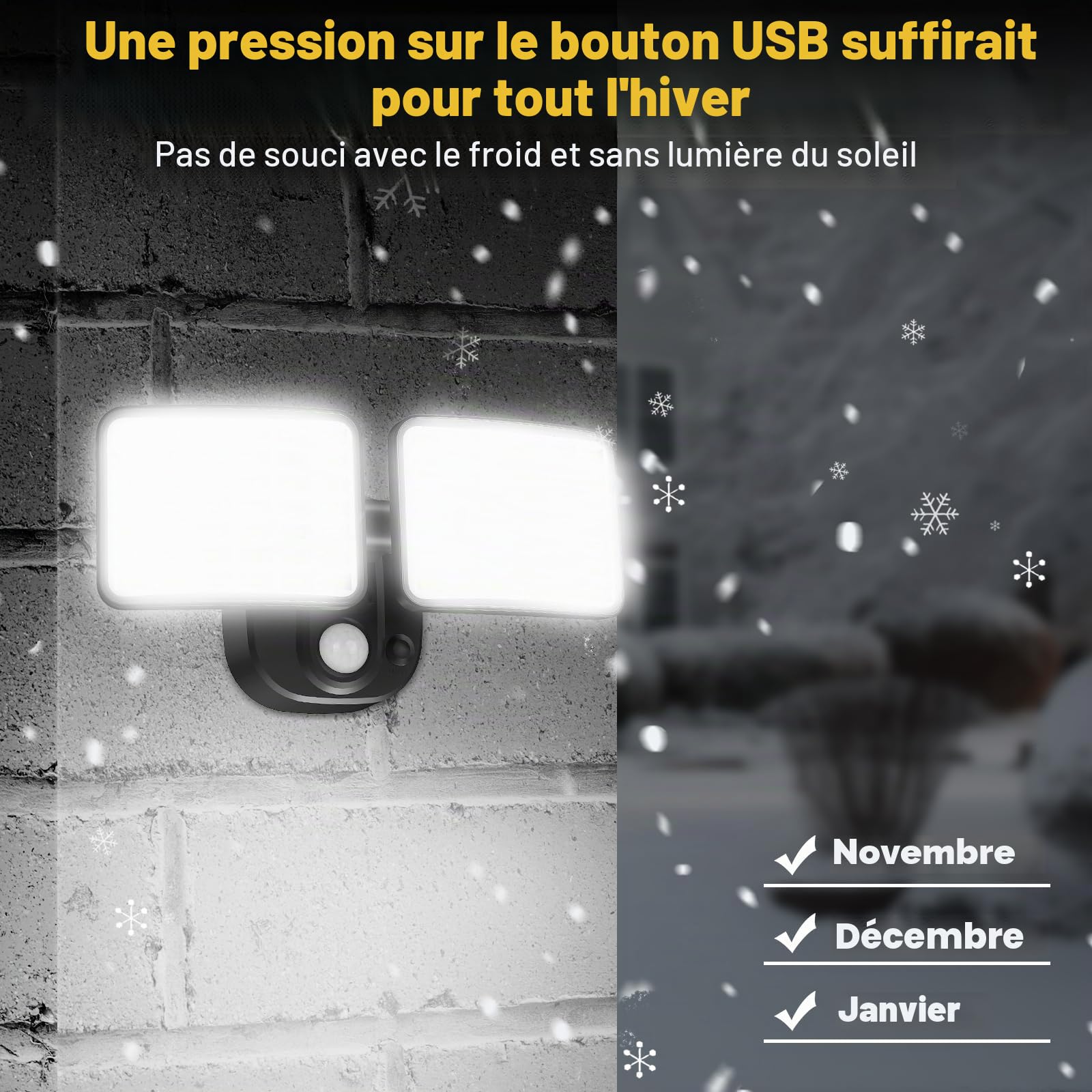 Lampe extérieure rechargeable avec détecteur de mouvement, lampe batterie rechargeable (durée de vie de 1 à 3 mois), projecteur LED avec détecteur de mouvement extérieur, rechargeable par USB