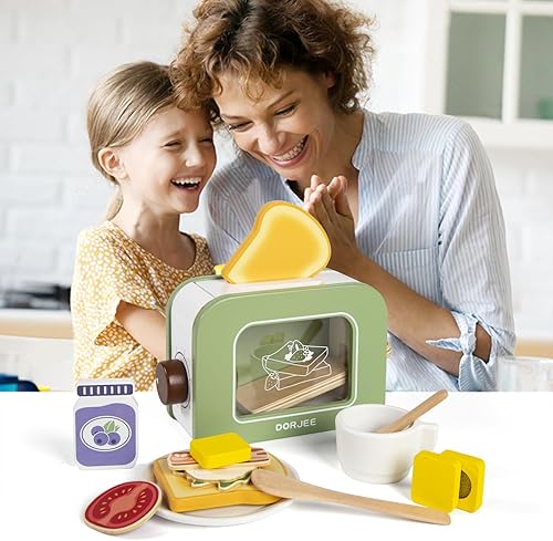 Miniatura 8 de Dorjee Juego de tostadora de madera emergente de 15 piezas, juego de cocina - Tostadora de juguete de madera para niños, regalo para niñas y niños