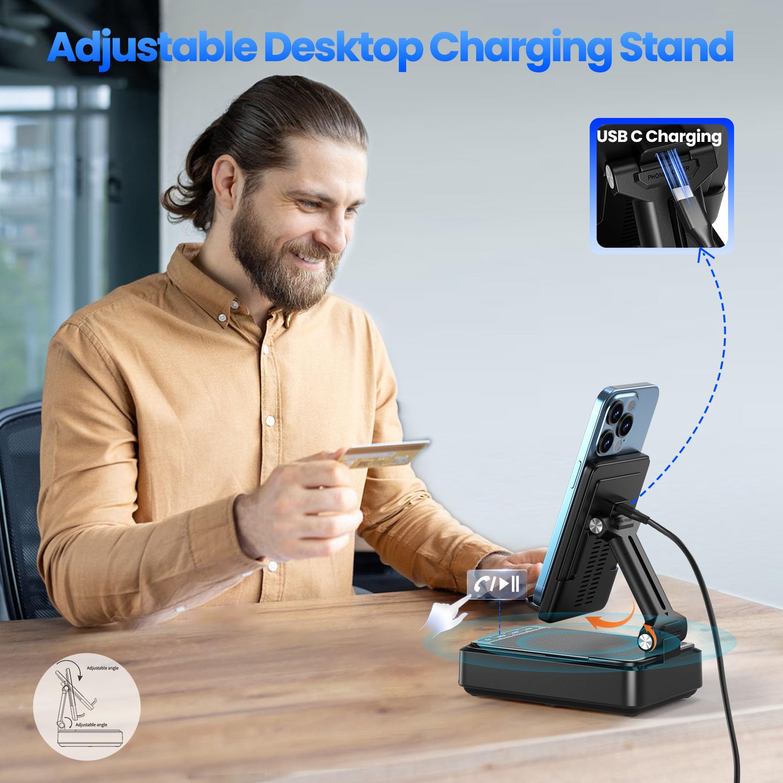 Jteman Cell Phone Stand with Bluetooth Speaker and Wireless Charger,Desktop Charging Station Stand Speaker for iPhone,Christmas Birthday Gift for Men Women (Black)