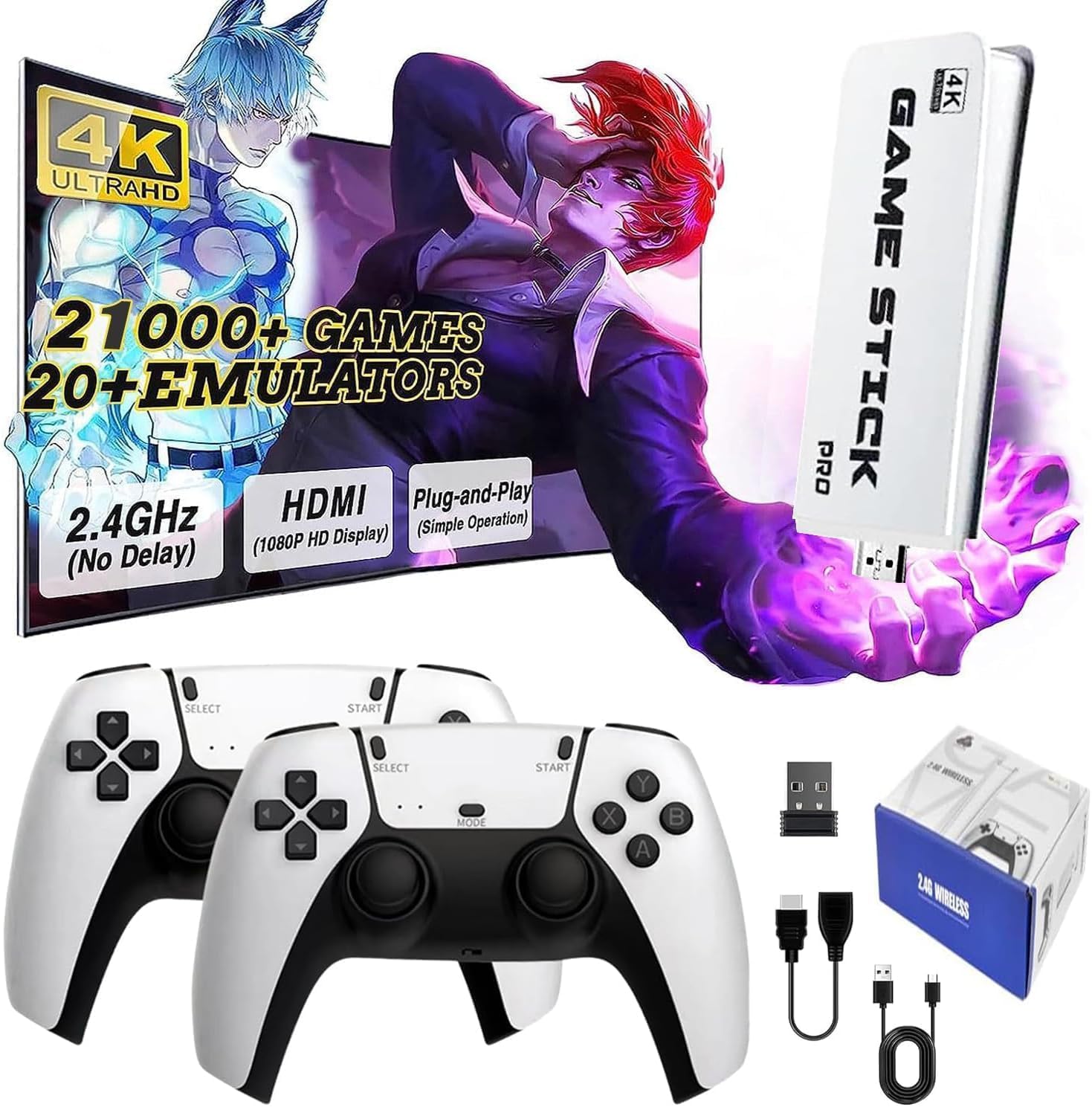 Retro Gaming Console with 21000+ Classic Games - White Controllers, Plug & Play, 2 Players, HDMI Output, Family Entertainment System (63G) - Linux/Unix