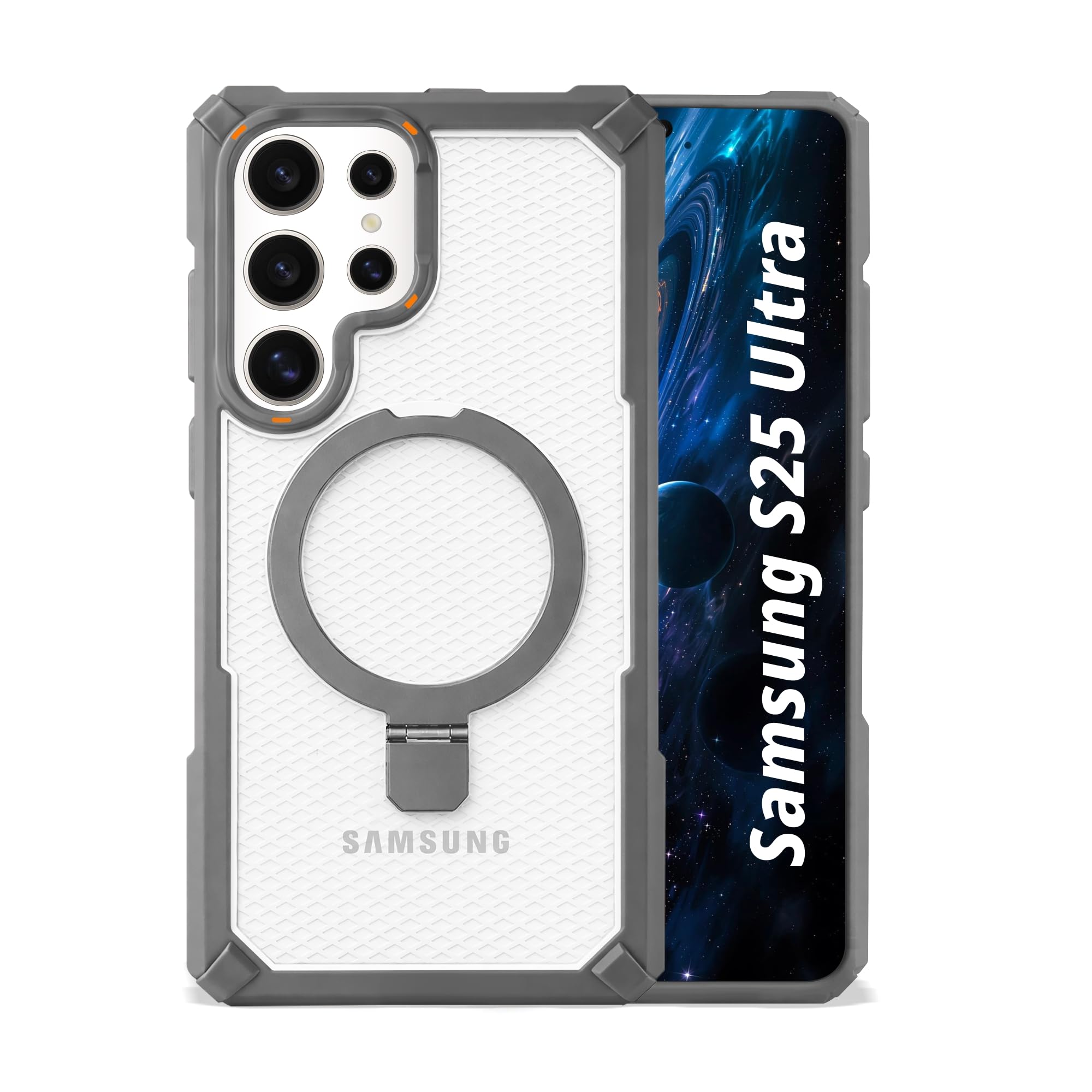 AIBEX Transparent Back Cover Compatible for Samsung Galaxy S25 Ultra|Mag-Saf Magnetic Ring Kickstand |Shockproof Dual Layer Military Grade Drop Protection Armor Case| Wireless Charging Support - Grey-image-5