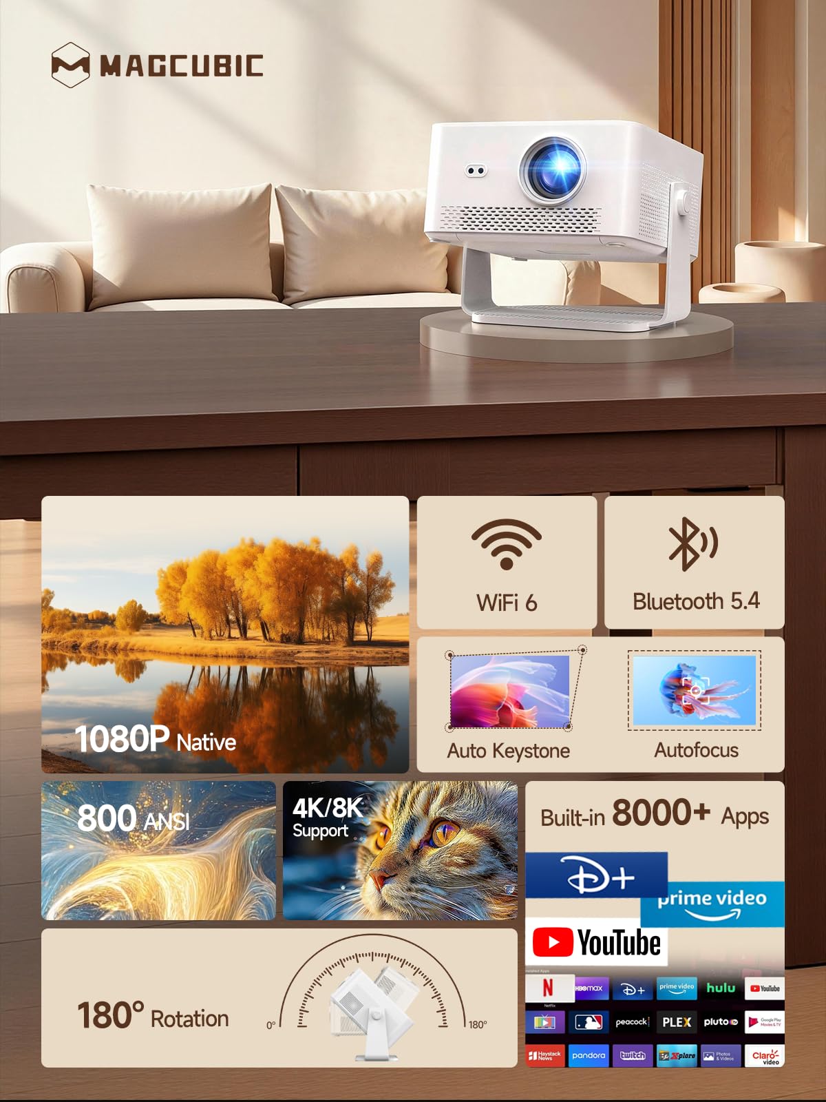 【Android 14 & 800 ANSI】Magcubic Mini Beamer Obsługa 4K/8K, Inteligentny Projektor Natywne 1080P, WiFi 6, BT 5.4, Autofocus, Automatyczna Korekcja Keystone, Obrót 180°, Głośnik 15W Projektor HY450Max