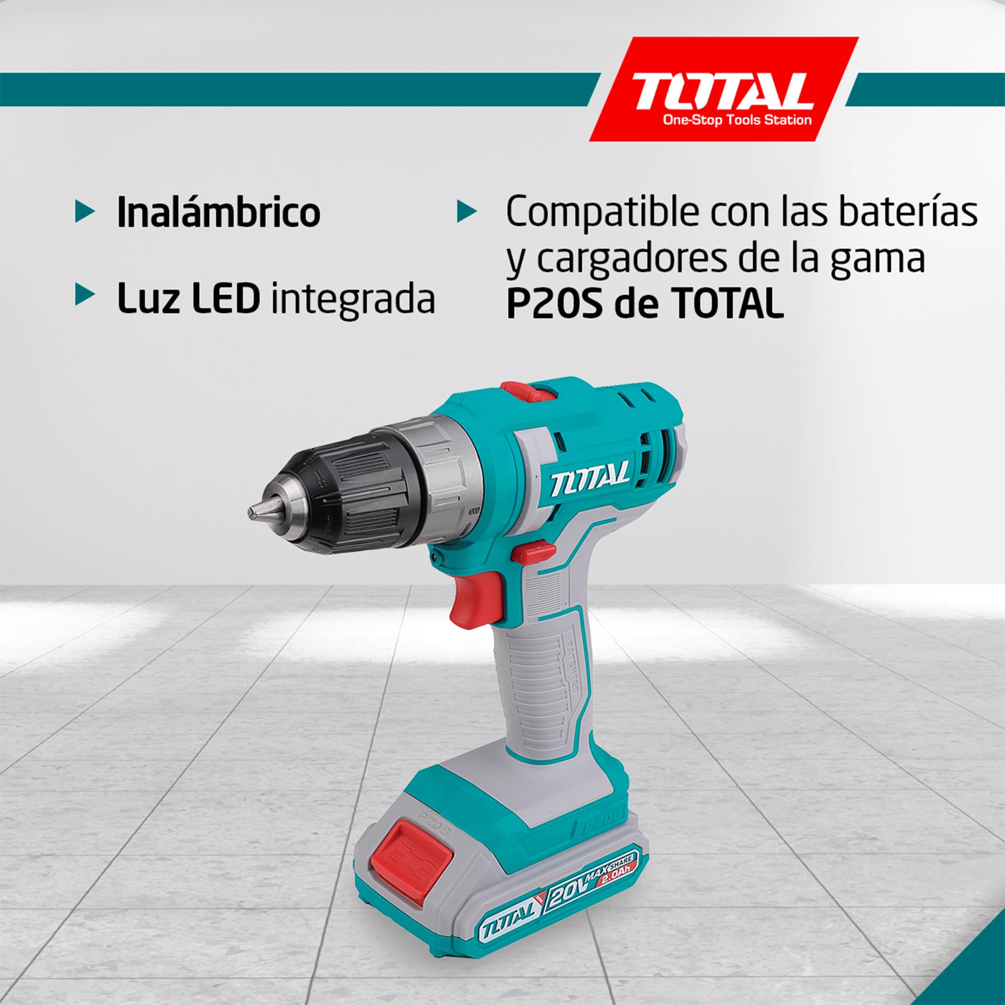TOTAL - Taladro Atornillador a Batería - 20V - incluye una Batería de 2 Ah y cargador - Portabrocas con Autobloqueo - Máximo Par 45 Nm - Ideal para Bricolaje y Proyectos en Casa - Azul