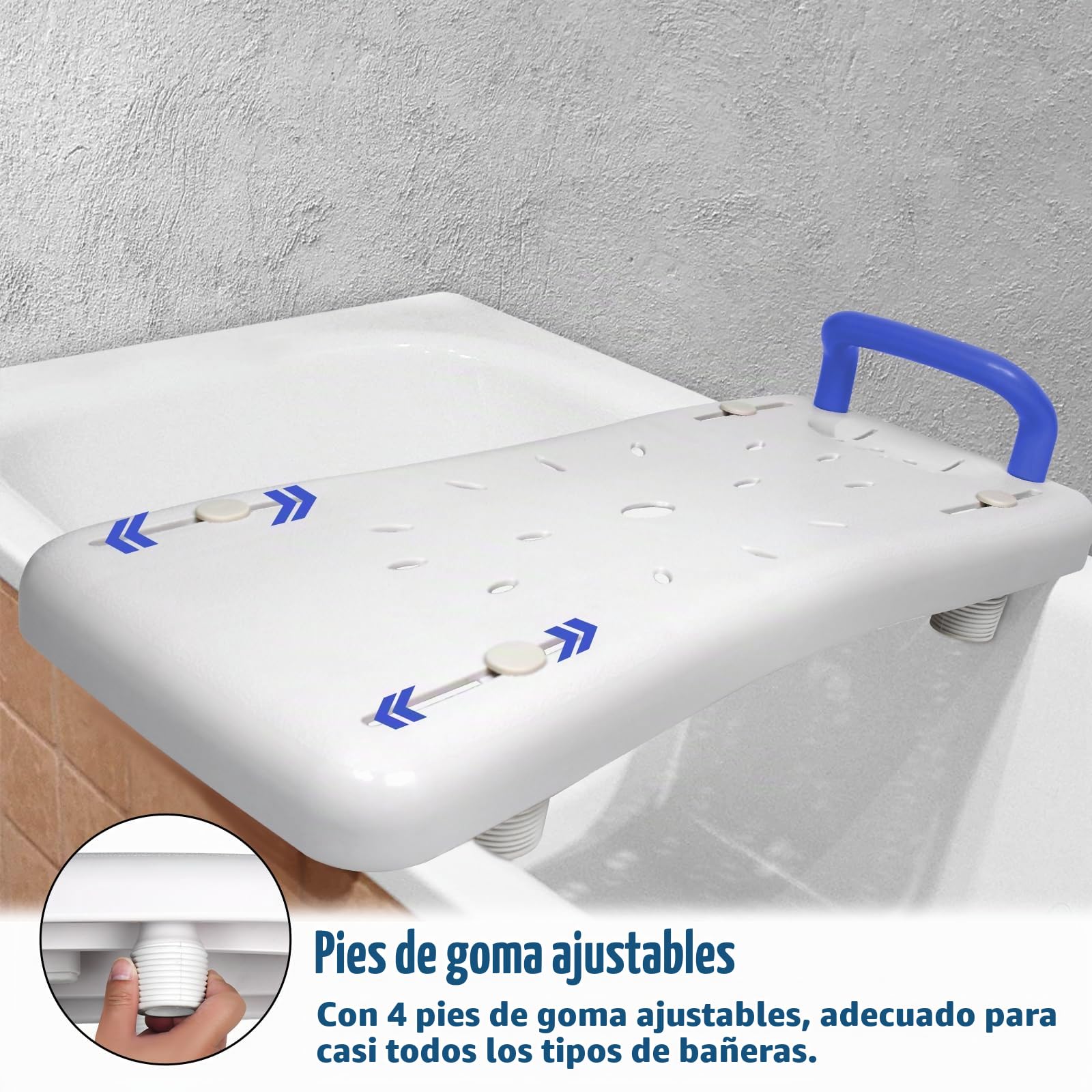 LARS360 Tabla de bañera con asiento para personas mayores, adultos, ajustable, tabla para sentarse, para bañera, silla para baño, máx. 150 kg, con mango azul, color blanco