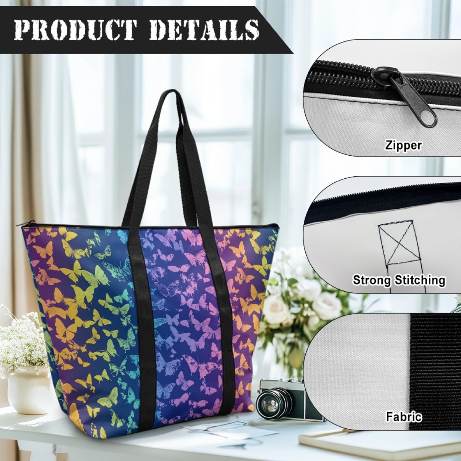 Tote Bag Tela Bolsa Tela Poliéster Bolsa Compra Plegable Bolso de Mano de Mujer Reutilizable Totebag Playa Cremallera Duradero Bolso Viaje