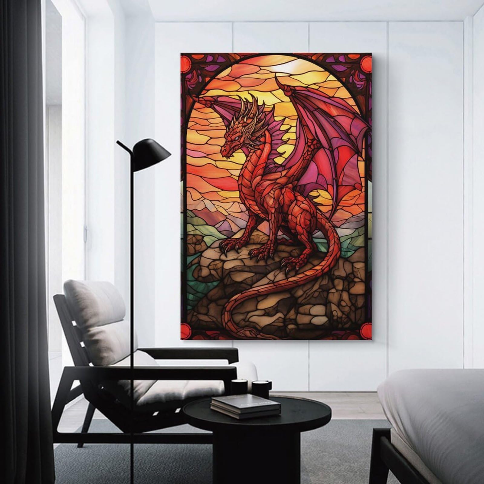 Junmoney Unframe-Style-8 Fire Dragon Stained Glass Hanging Wall Art, 20X30inch(50X75cm), For Bedroom Decor, Cosy Corners Or Studios, An Easy Wall Refresh For Bedrooms