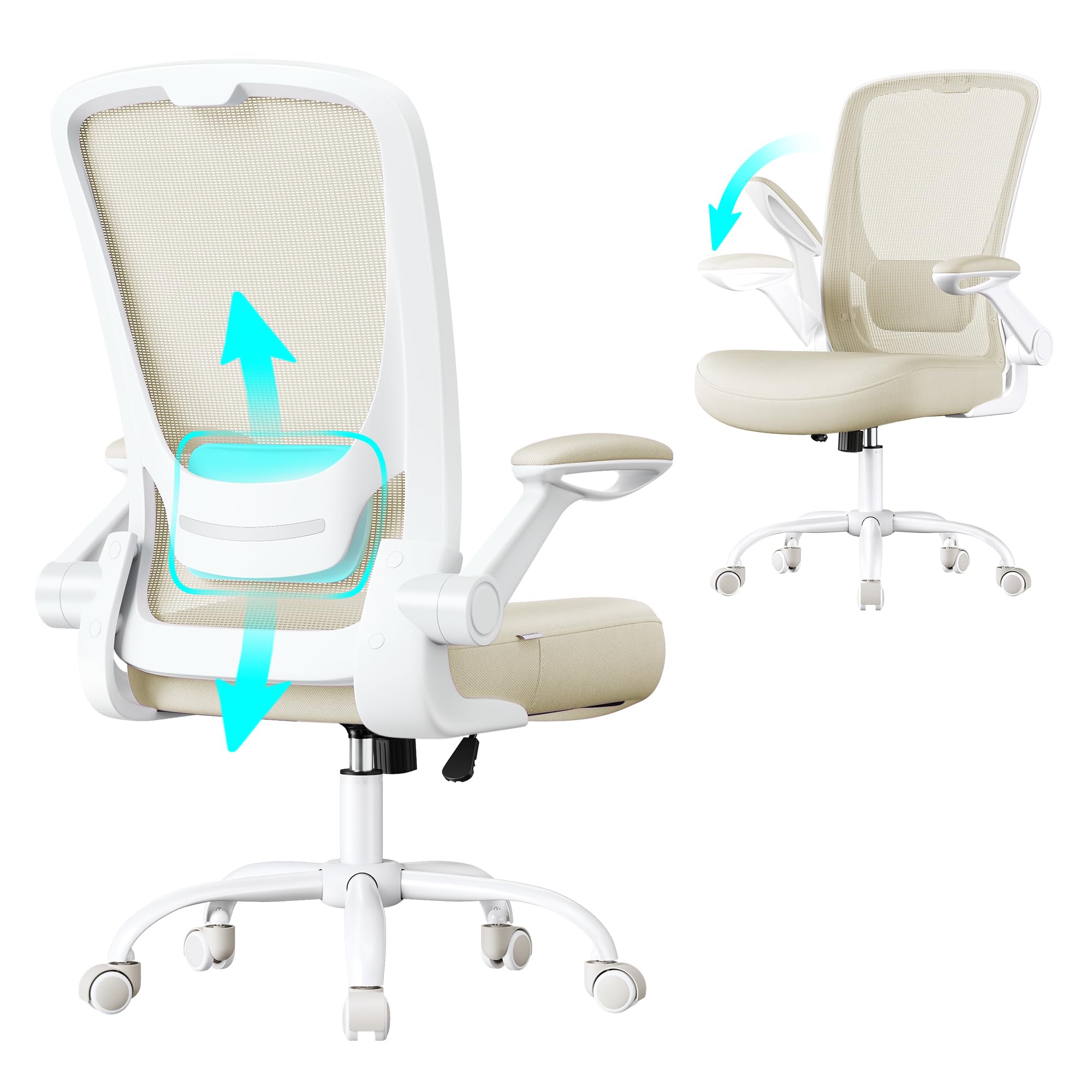 SONGMICS Office Chair, Mesh Desk Chair, Ergonomic Swivel Chair, Lumbar Support, Oscillating, 53 cm Seat, Flip-up Armrests, Oat Beige OBN037K02