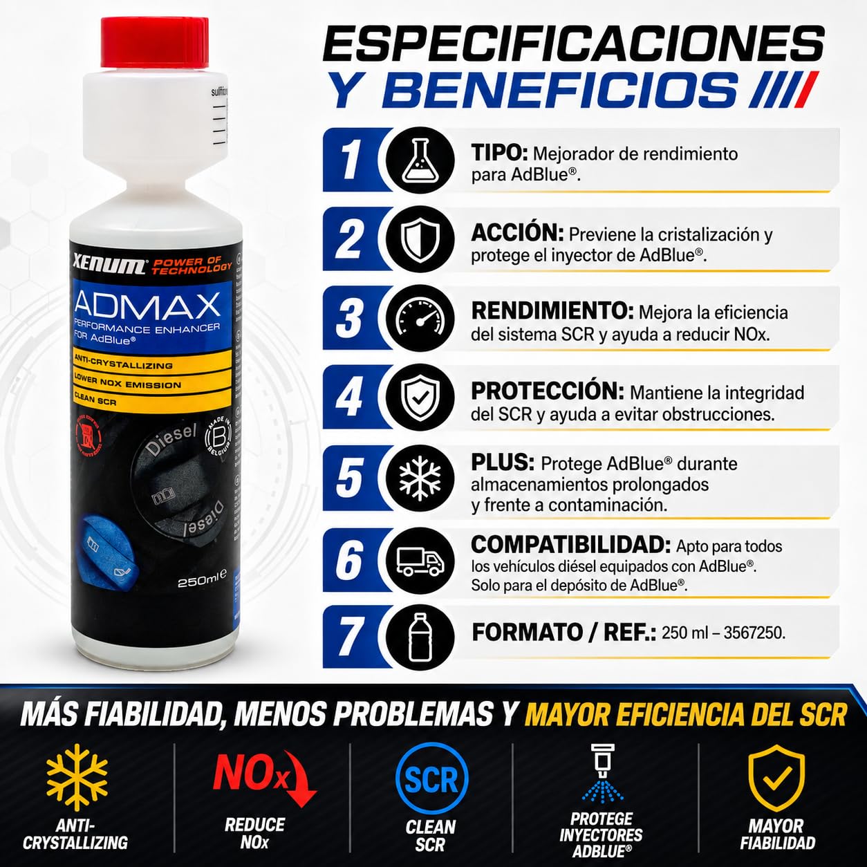 Genérico Xenum ADMAX 250 ml – Aditivo para AdBlue, Anticristalizante SCR, Protege Inyectores AdBlue, Reduce NOx, Ayuda a Prevenir Obstrucciones y Averías en Vehículos Diésel