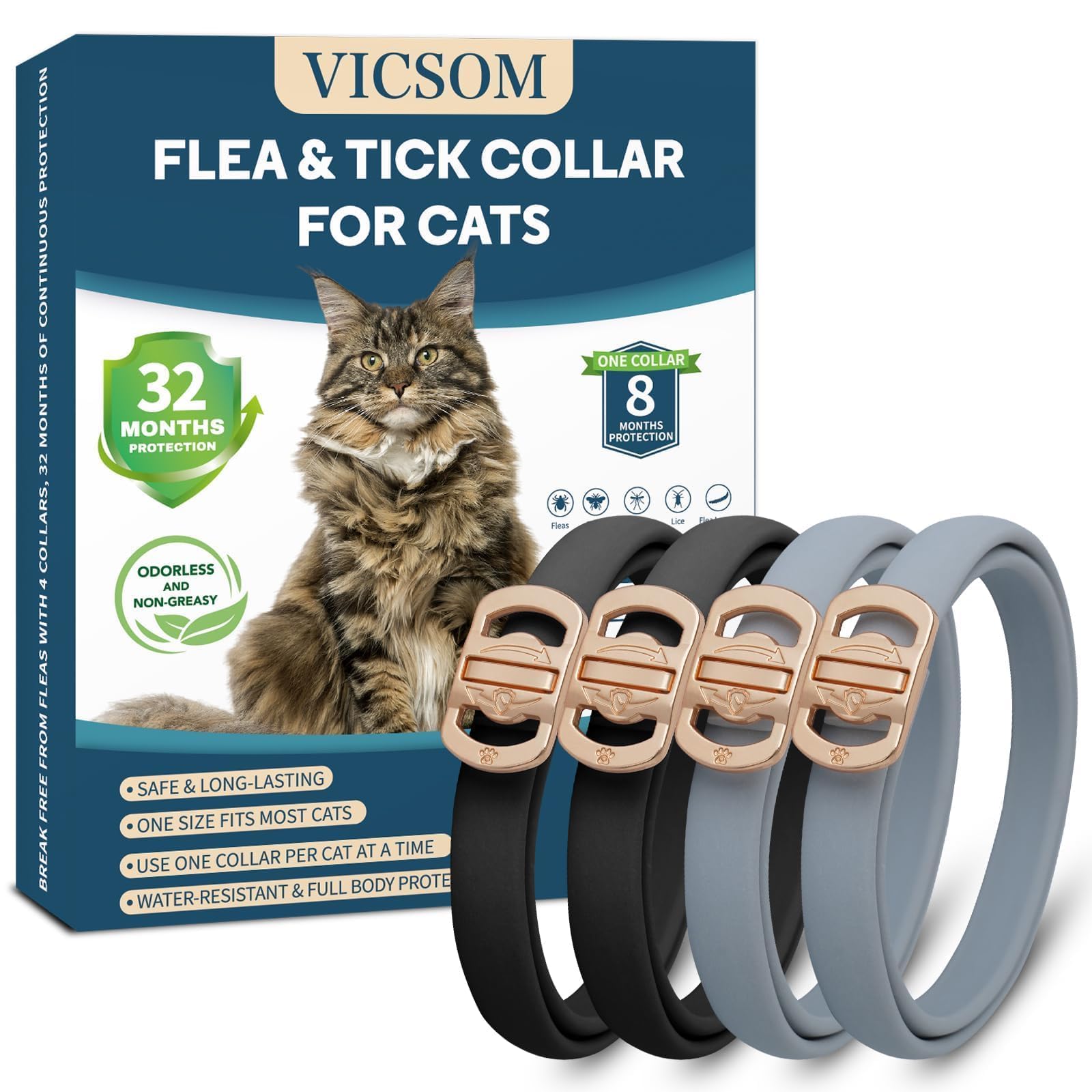 Flea and Tick Collar for Cats - 4 Pack, 32 Month Protection Treatment, Waterproof, Natural Prevention, Adjustable for Cats & Kittens (Black Grey)