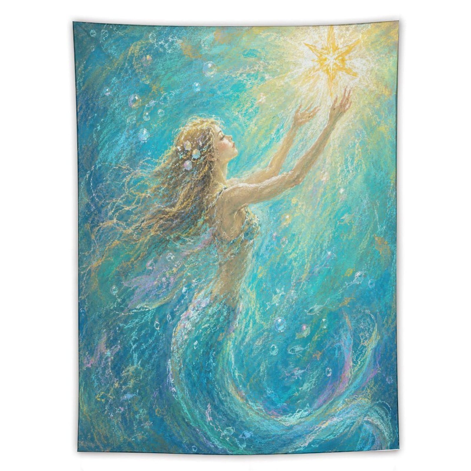 Mermaid Reaching for Light Wall Tapestry, Fantasy Illustration, Bed