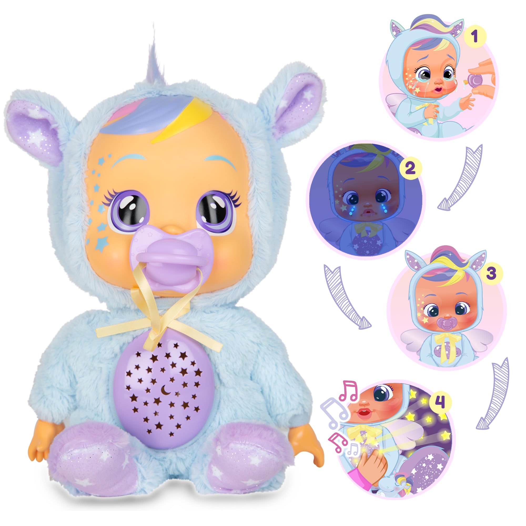 BEBÉS LLORONES Goodnight Starry Sky Jenna | Muñeca suave Quitamiedos para dormir, que llora lágrimas LED y proyecta Estrellas con Música relajante - Regalo para niños y niñas +2 Años