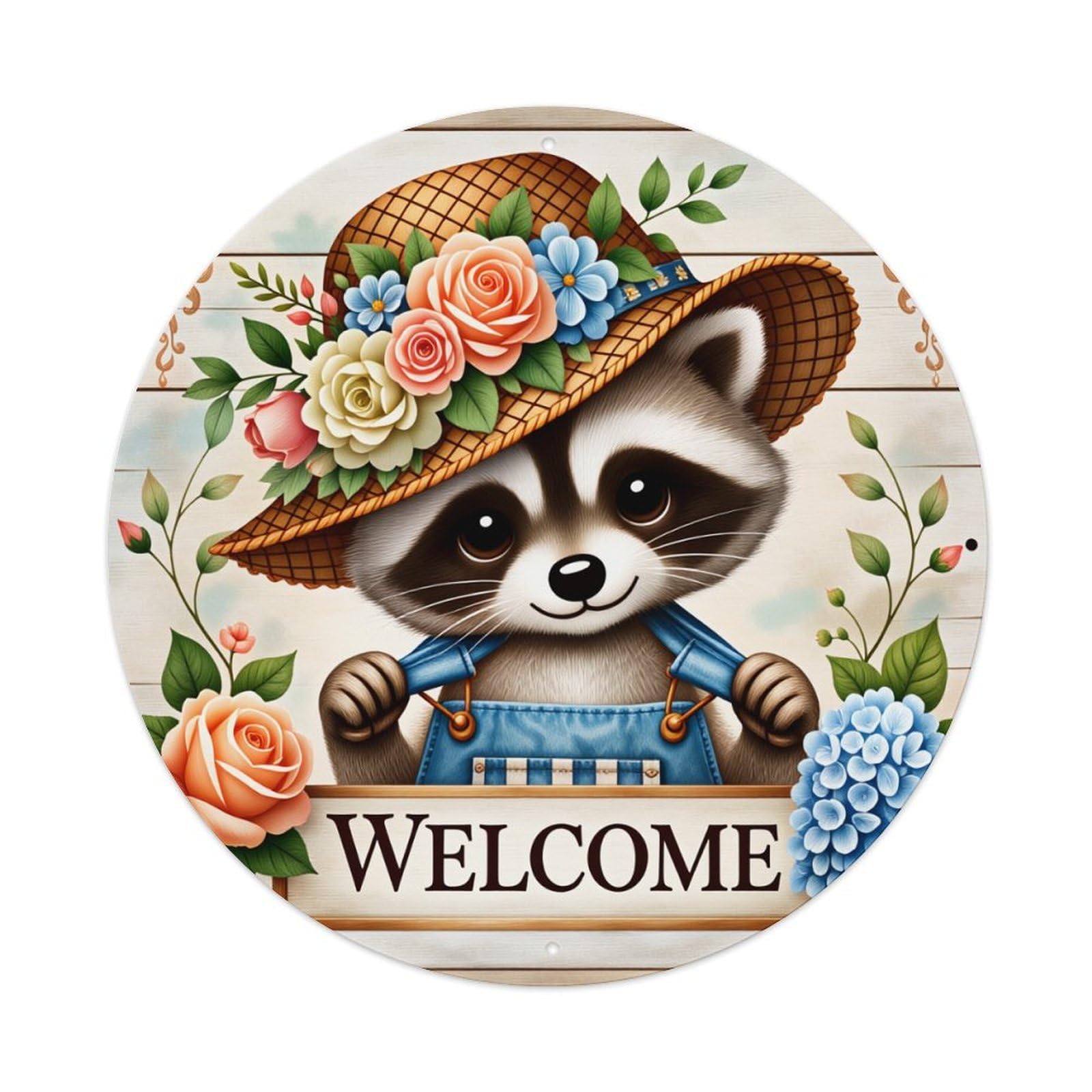 Raccoon Hat Flowers Welcome Sign Metal Tin Sign Vintage Garden Bedroom Cafe Bar Man Cave Home Wall Decor Metal Poster 8x8 inches