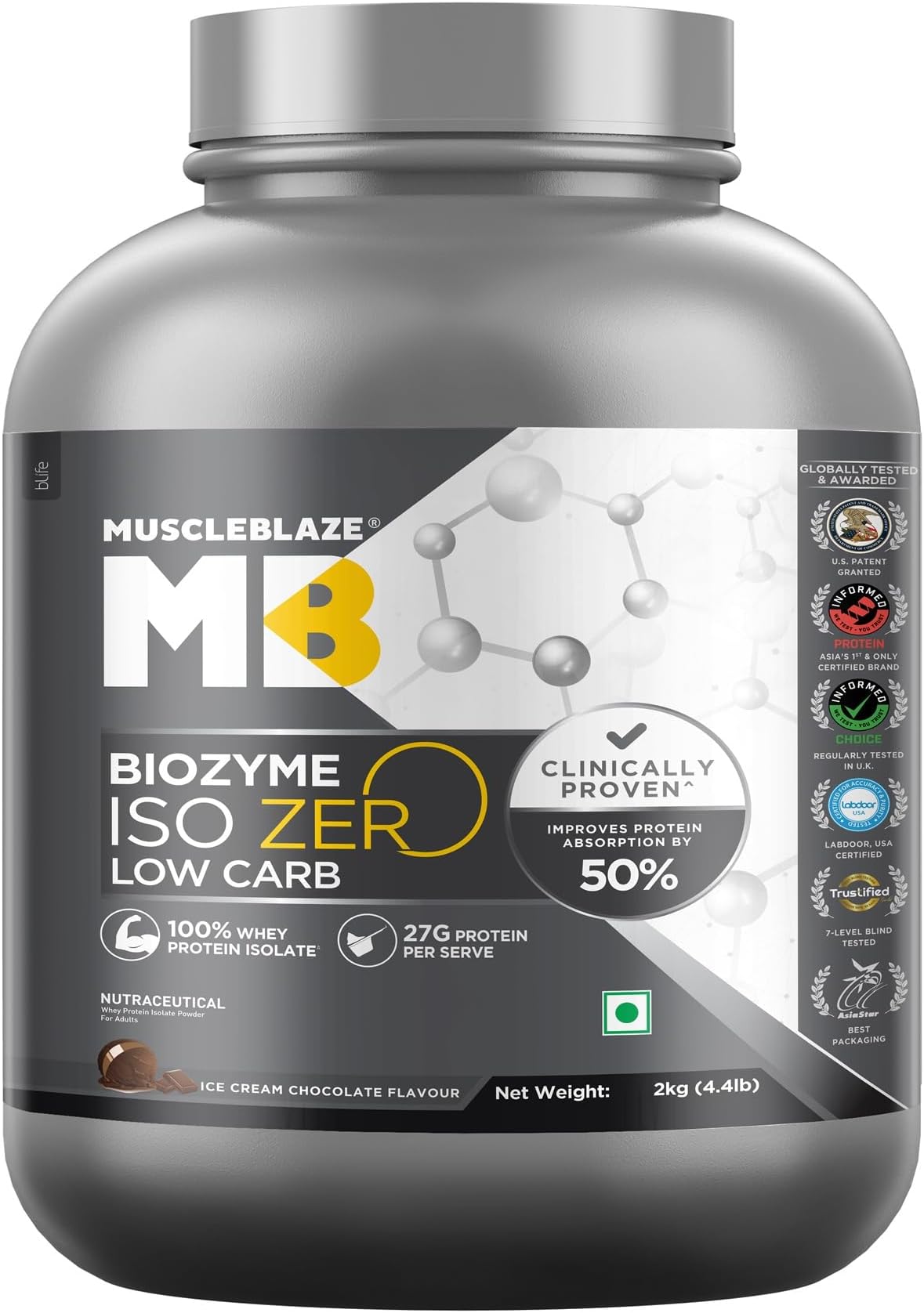 MuscleBlaze Biozyme Iso-Zero, Low Carb Whey Protein Isolate Powder, Ice Cream Chocolate (2kg / 4.4lbs) | 27g Isolate Whey Per Scoop | USA Patent-Published Enhanced Absorption Formula (EAF)