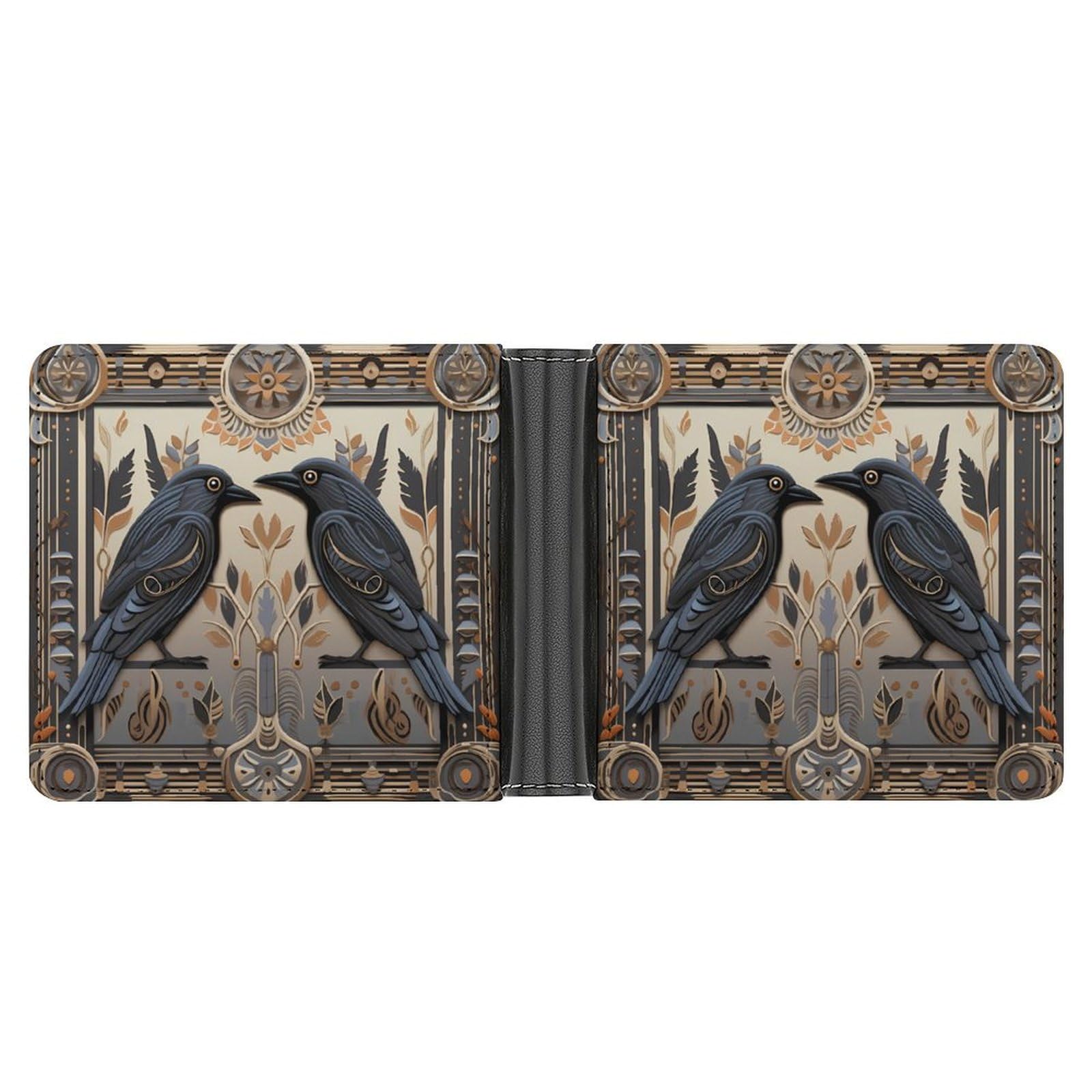 Black Crow Bifold Wallet PU Leather Coin Purse Lightweight Credit Card Holder Wallet Money Clip