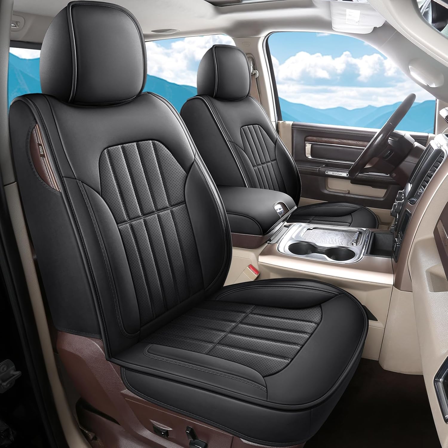 Truckiipa Dodge Ram Seat Covers Front Pair, Car Seat Cover Waterproof Leather Protector Pickup Truck Accessories, Full Coverage Custom Fit for 2002-2025 Ram 1500 2500 3500 Regular/Double Cab, Black