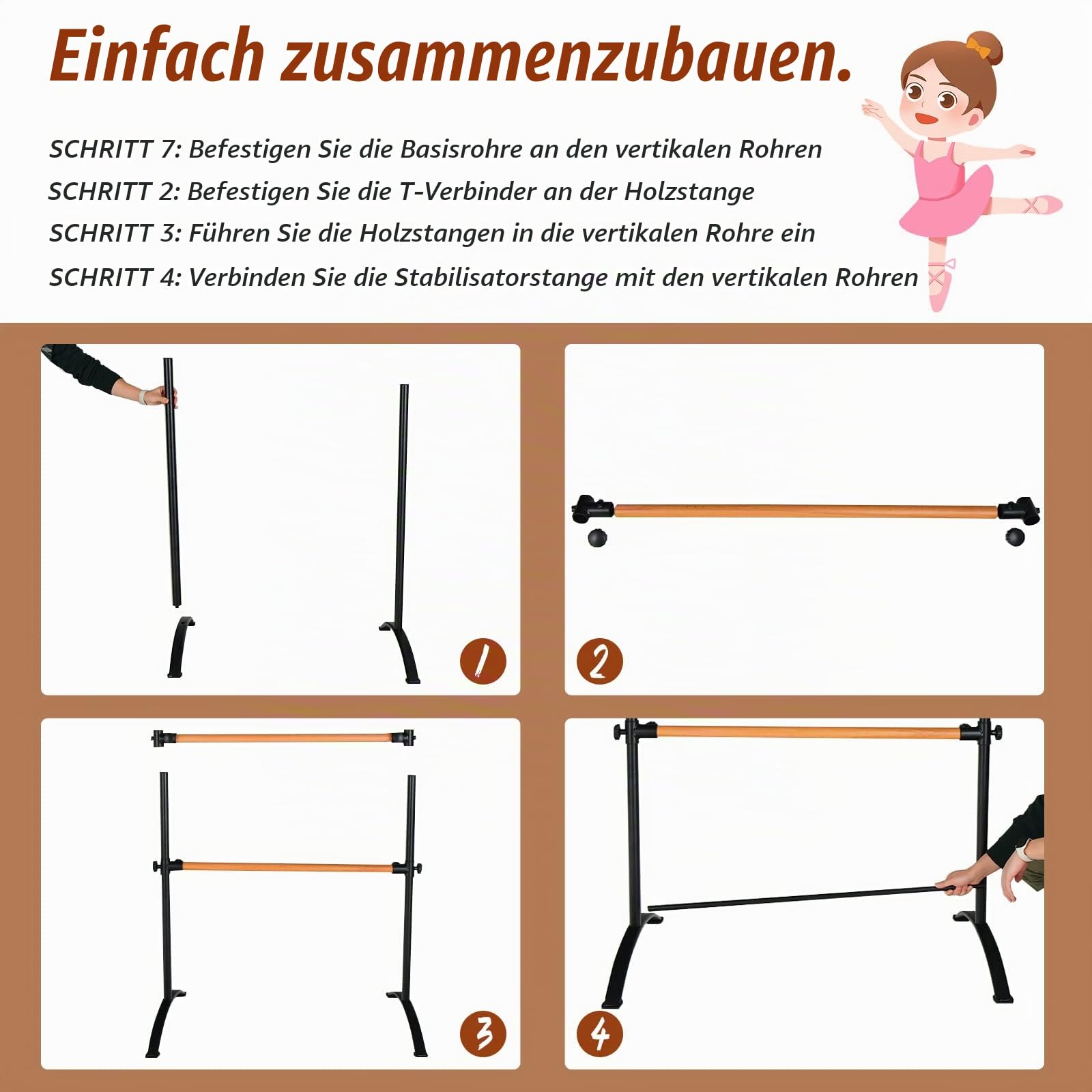 GOPLUS 122 cm Tragbare Ballettstange, Freistehende Tanzstange mit 4 verstellbaren Höhenpositionen & Stabiler Metallrahmen, doppelte Ballettstange für Zuhause & Fitnessstudio