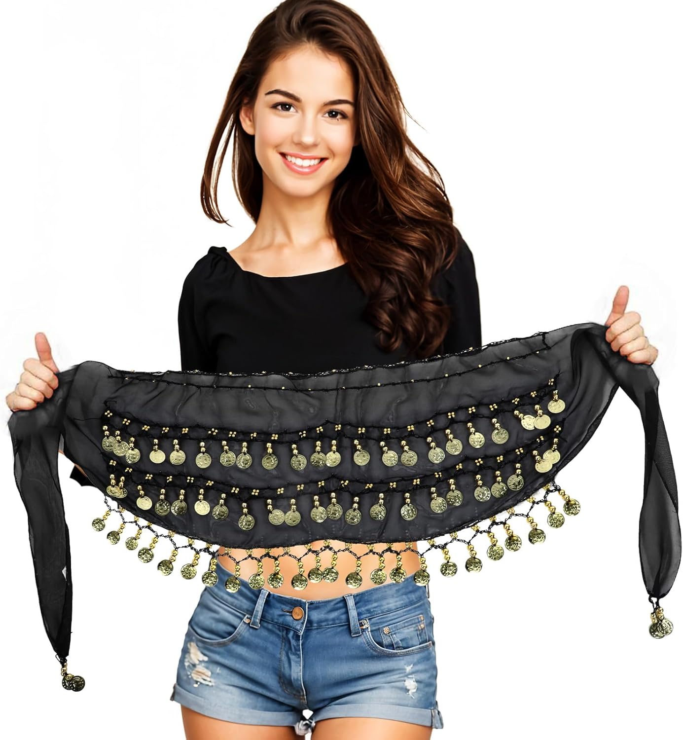 9 Pcs Belly Dance Hip Scarf, Belly Dance Skirt Sequin Tassel Skirt Wrap Sparkly Tinsel Fringe Skirts with Sequins and 128 Gold Coins Performance Costume for Women - Image 2