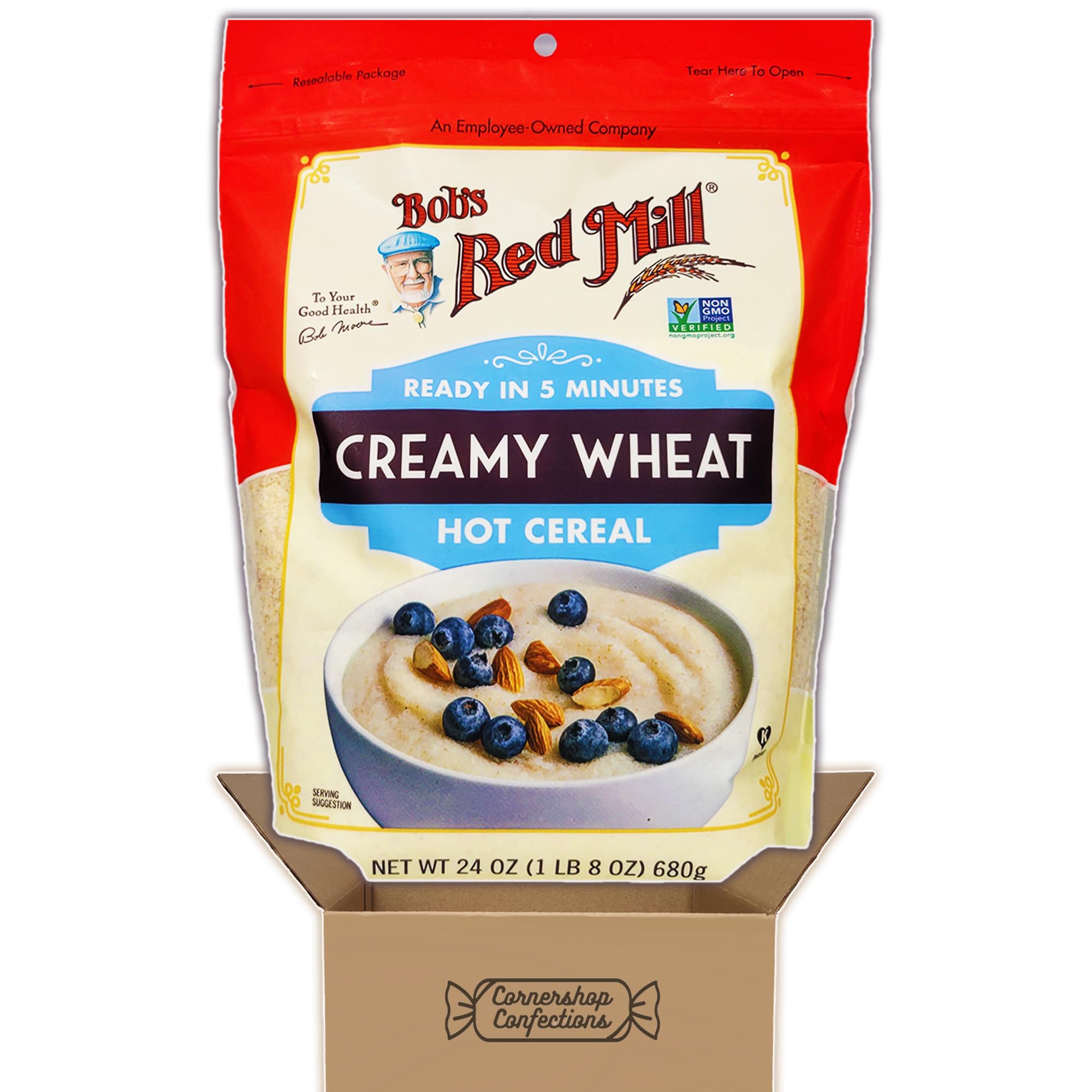 Bob's Red Mill Creamy Wheat Hot Cereal Bundle Pack - 1, 24 oz Resealable Bag of Creamy Wheat Hot Cereal - Non-GMO and Kosher Certified - Ready In 5 Minutes - In Cornershop Confections Packaging