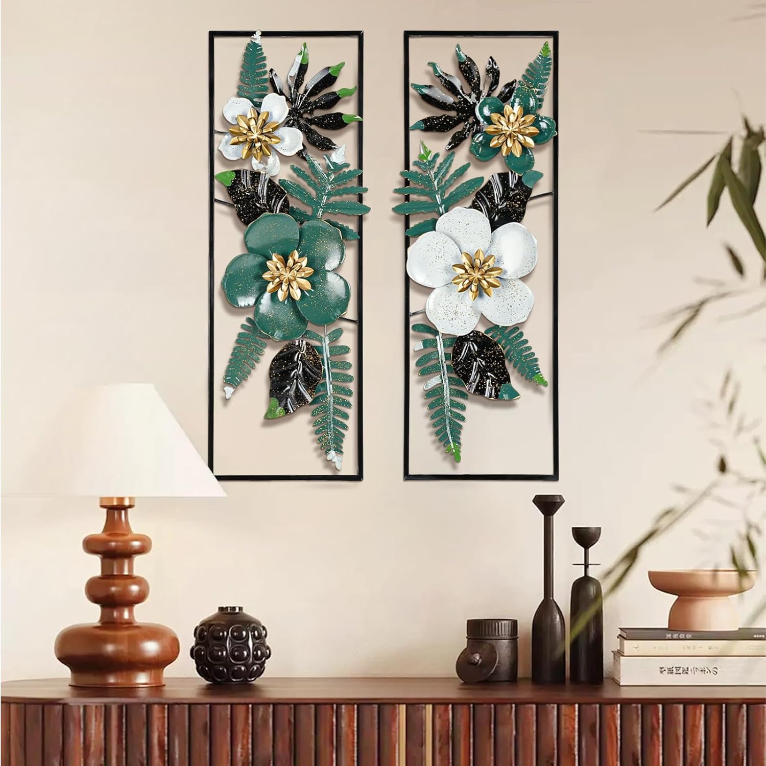 Metal 3D Wall Art Decor 2 Pcs 34" x 15" Wall Decor Handmade Green Leaf Flower Hanging Home Decor with Frame Wall Sculptures Modern for Living Room, Bedroom, Dining Room, Office and Hotel Large