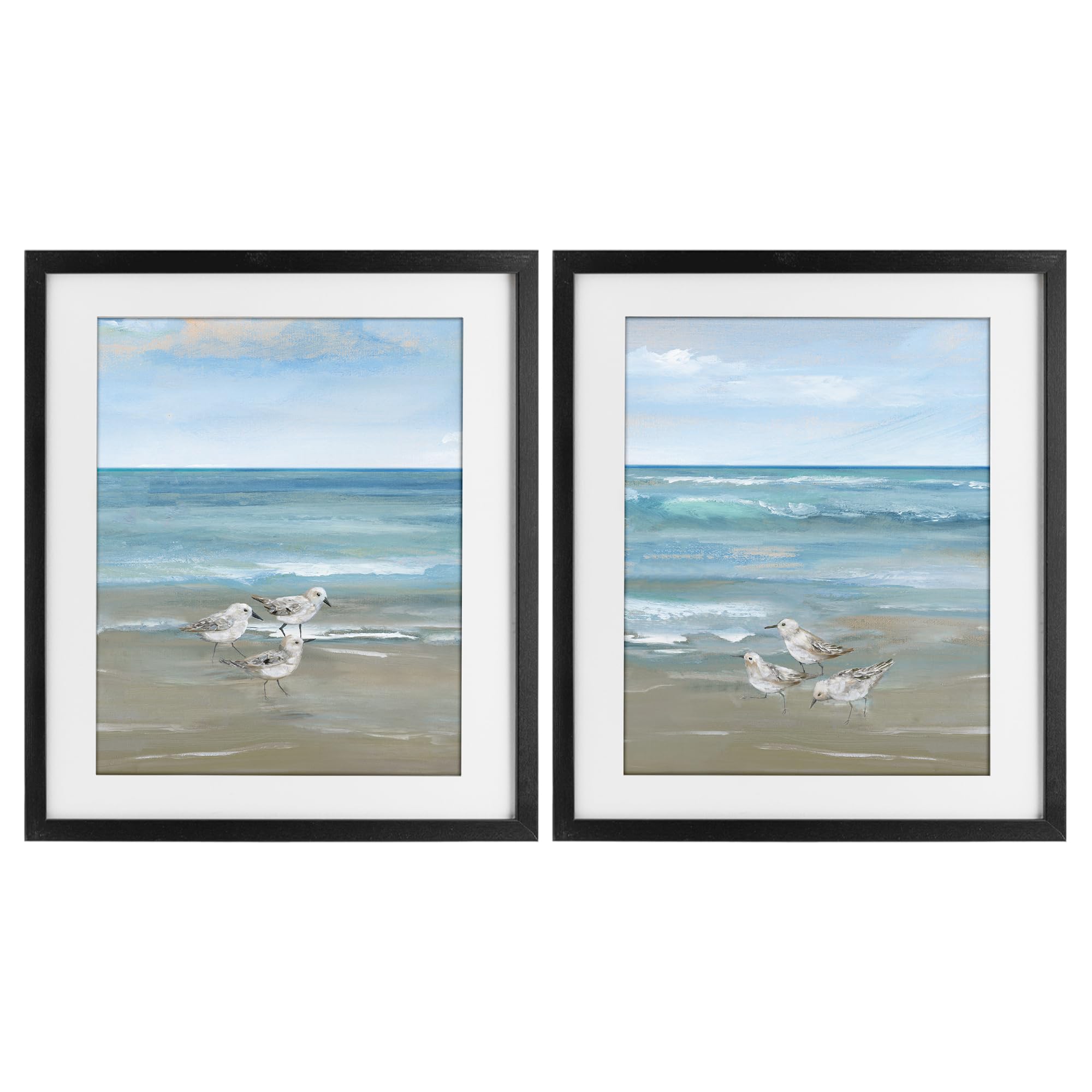 Stupell Industries Midnight Black (Textured) 'Seaside Sanderlings At Dawn', 2Pc Framed Print Under Glass Set, Black, 13 X 16 Inches, Easy To Hang And Sturdy, Made In Usa, By Nan